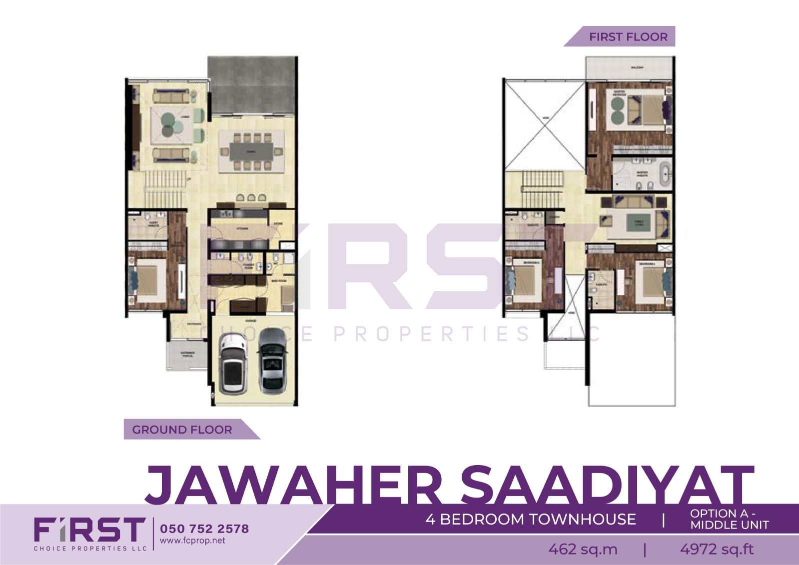Floor Plan of 4 Bedroom Townhouse Option A Middle Unit in Jawaher Saadiyat Saadiyat Island Abu Dhabi UAE 462 sq.m 4972 sq.ft.jpg