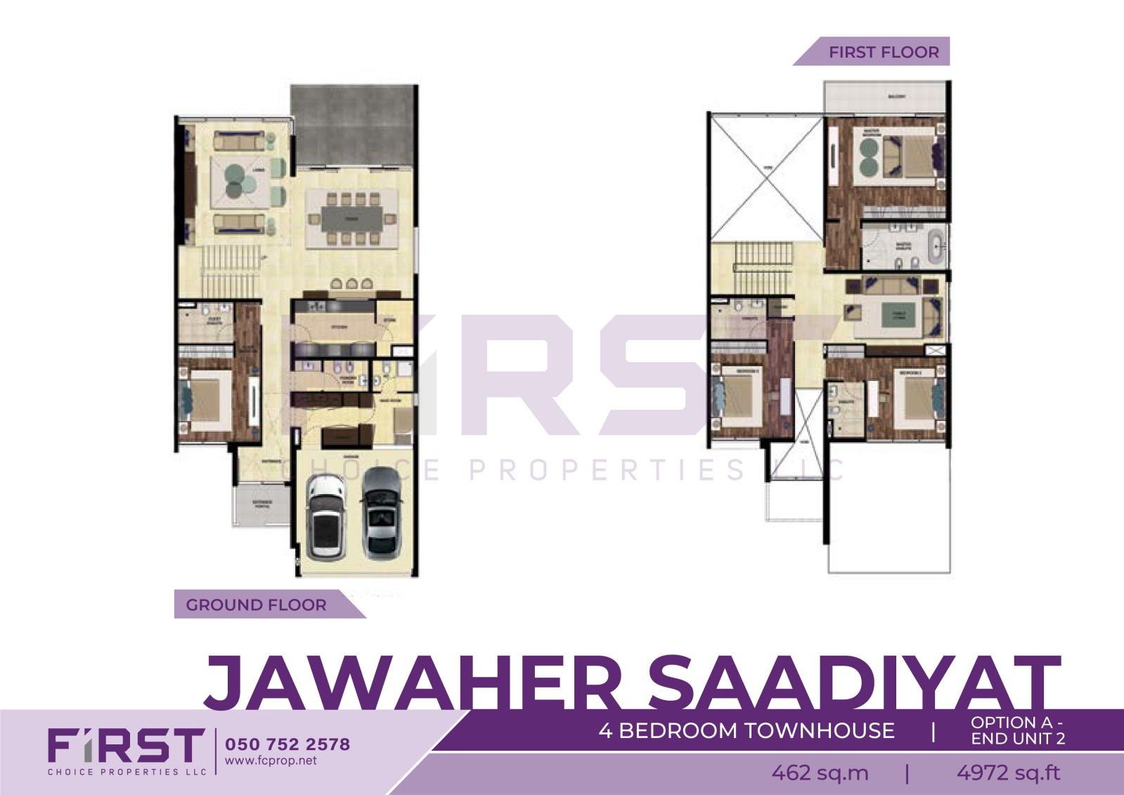 Floor Plan of 4 Bedroom Townhouse Option A End Unit 2 in Jawaher Saadiyat Saadiyat Island Abu Dhabi UAE 462 sq.m 4972 sq.ft.jpg