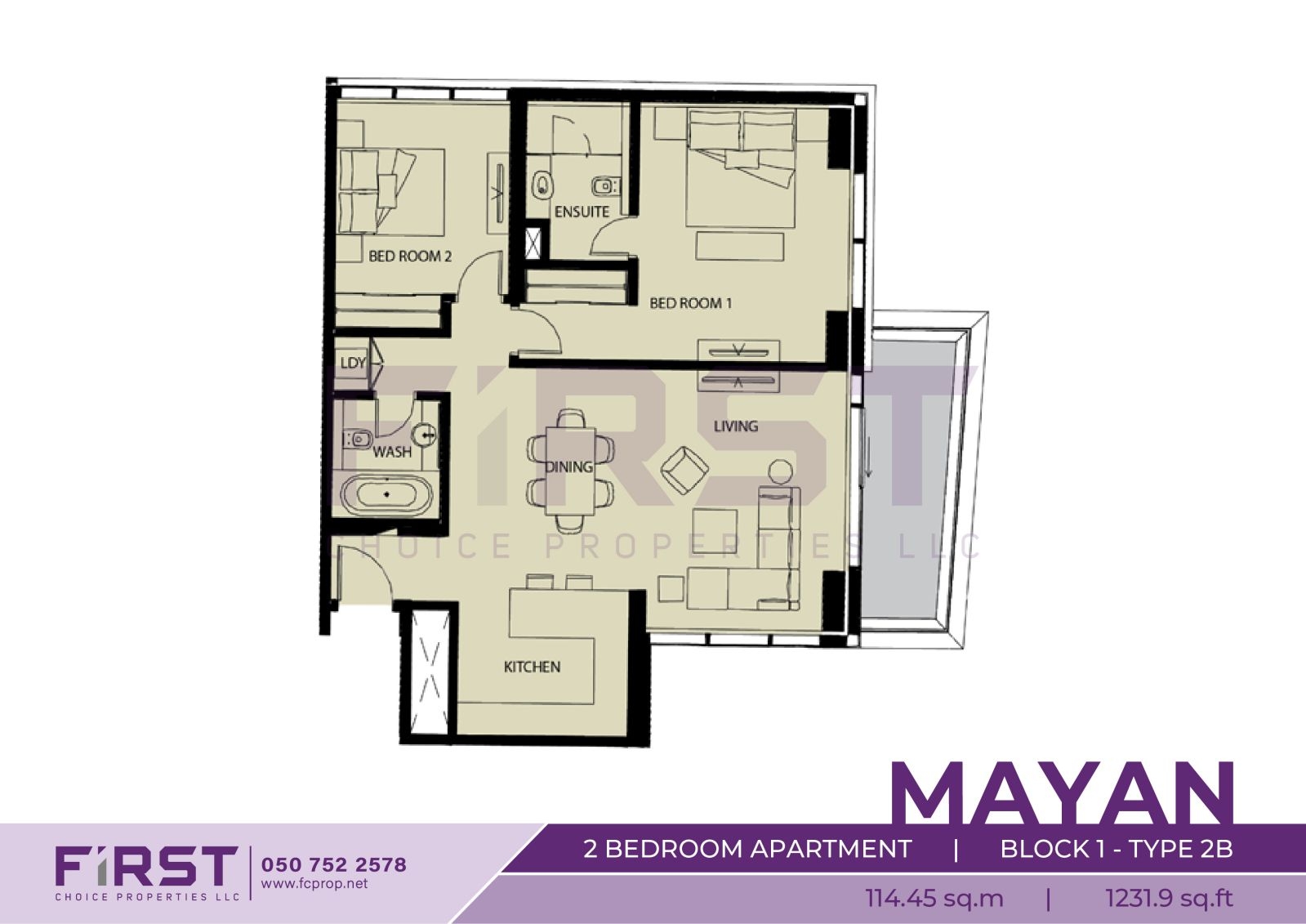 Floor Plan of 2 Bedroom Apartment  Block 1-Type 2B in Mayan Yas Island Abu Dhabi UAE 114.45 sq.m 1231.9 sq.ft.jpg