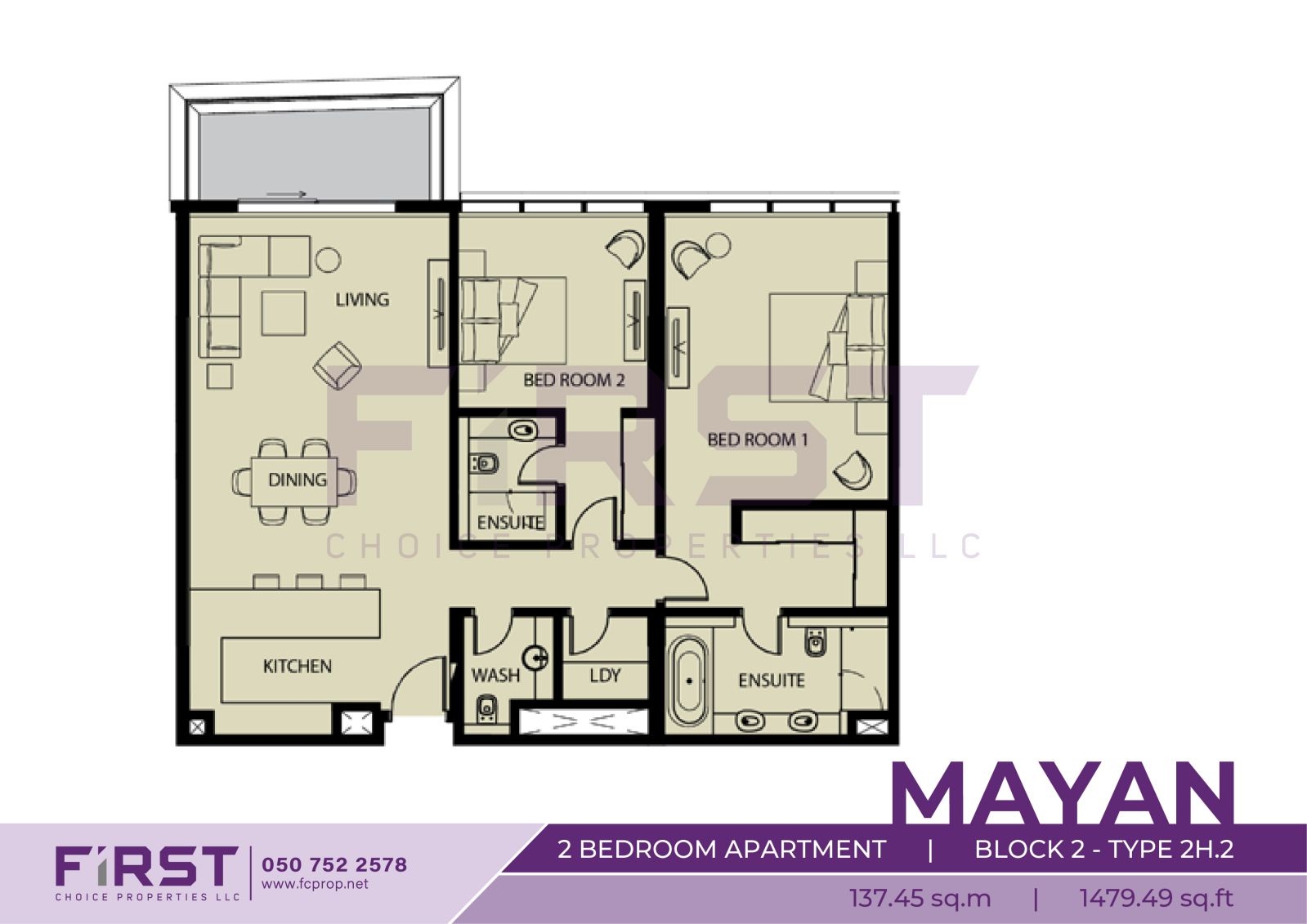 Floor Plan of 2 Bedroom Apartment  Block 2-Type 2H.2 in Mayan Yas Island Abu Dhabi UAE 137.45 sq.m 1479.49 sq.ft.jpg