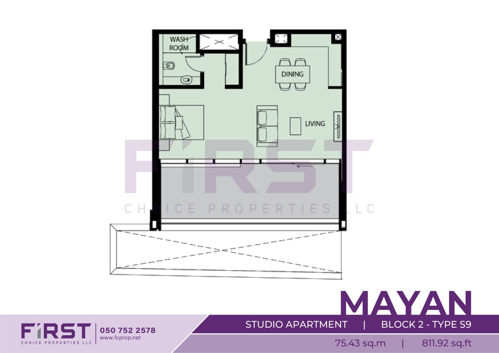 Floor Plan of Studio Apartment Block 2-Type S9 in Mayan Yas Island Abu Dhabi UAE 75.43 sq.m 811.92 sq.ft.jpg