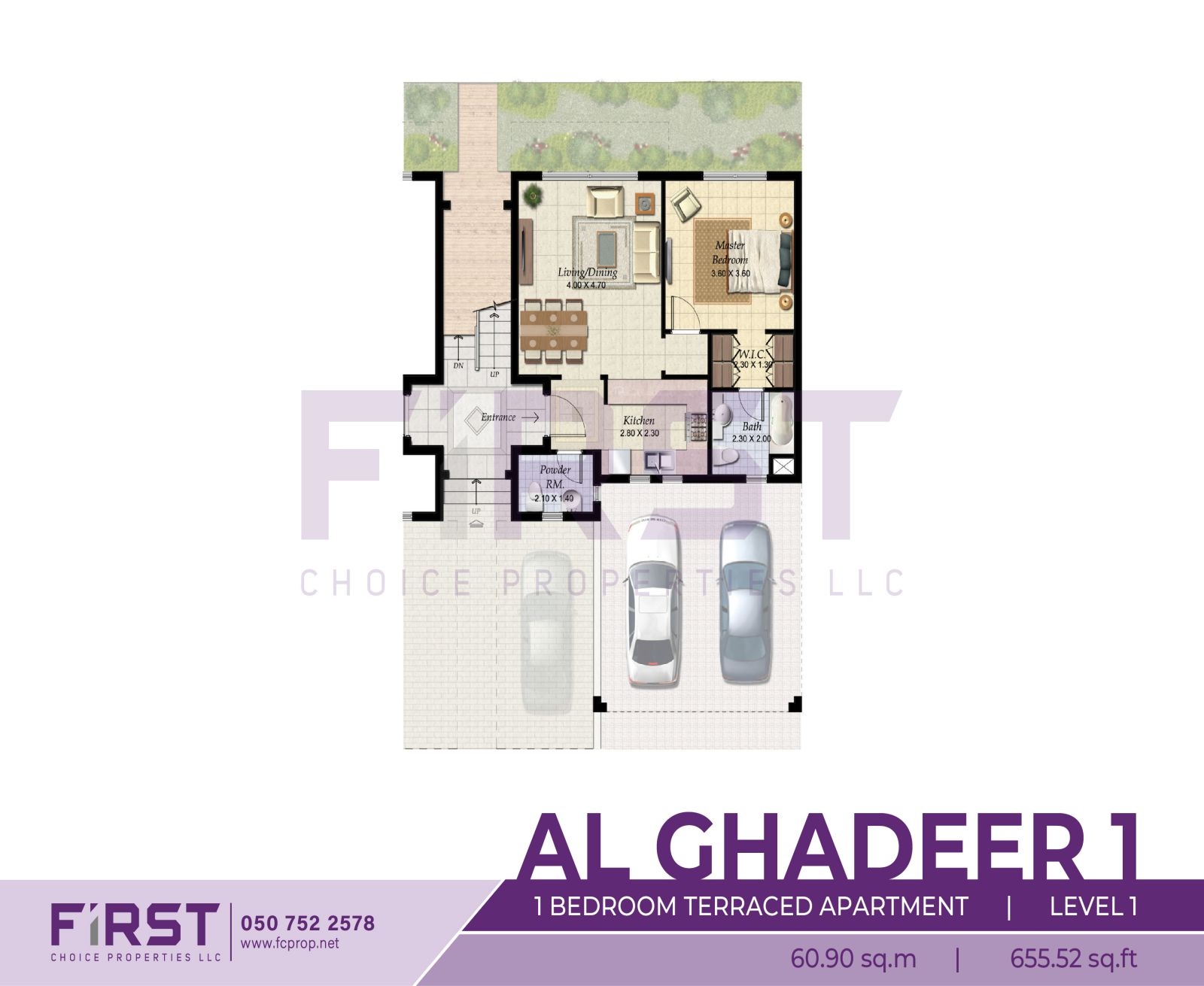Floor Plan of 1 Bedroom Terraced Apartment Level 1 in Al Ghadeer Phase 1 Abu Dhabi UAE 60.90 sq.m 655.52 sq.ft.jpg