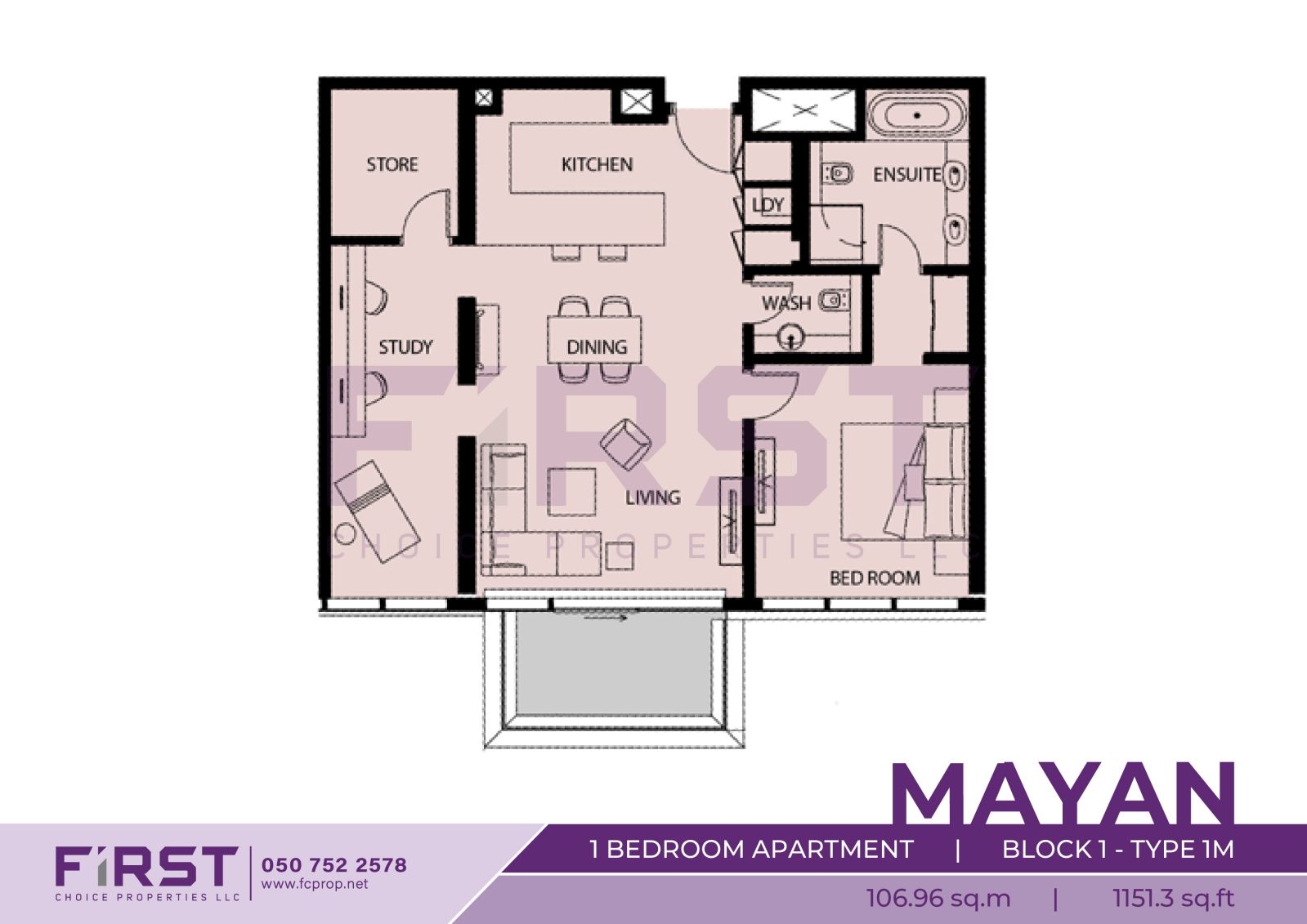 Floor Plan of 1 Bedroom Apartment  Block 1-Type 1M in Mayan Yas Island Abu Dhabi UAE 106.96 sq.m 1151.3 sq.ft.jpg