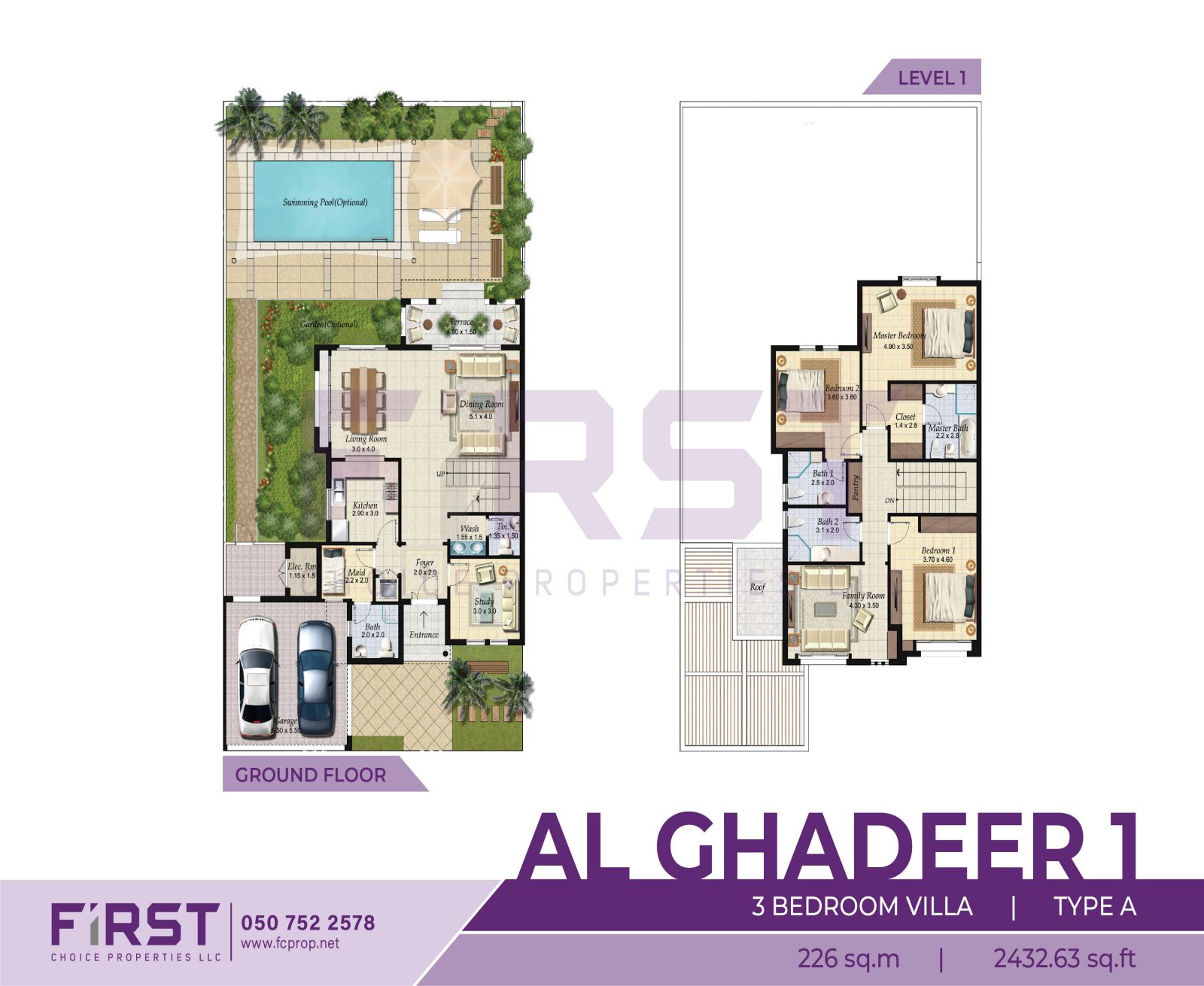 Floor Plan of 3 Bedroom Villa Type A in Al Ghadeer Phase 1 Abu Dhabi UAE 226 sq.m 2432.63 sq.ft.jpg