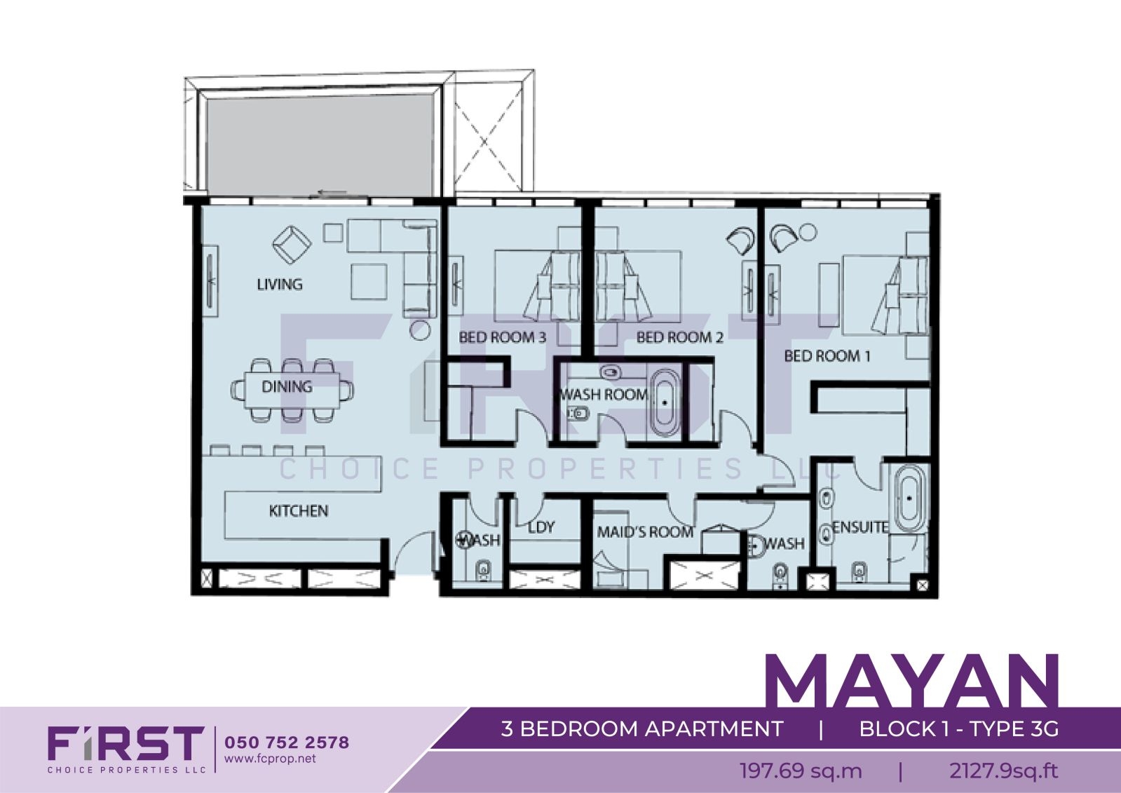 Floor Plan of 3 Bedroom Apartment Block 1-Type 3G in Mayan Yas Island Abu Dhabi UAE 197.69 sq.m 2127.9sq.ft.jpg