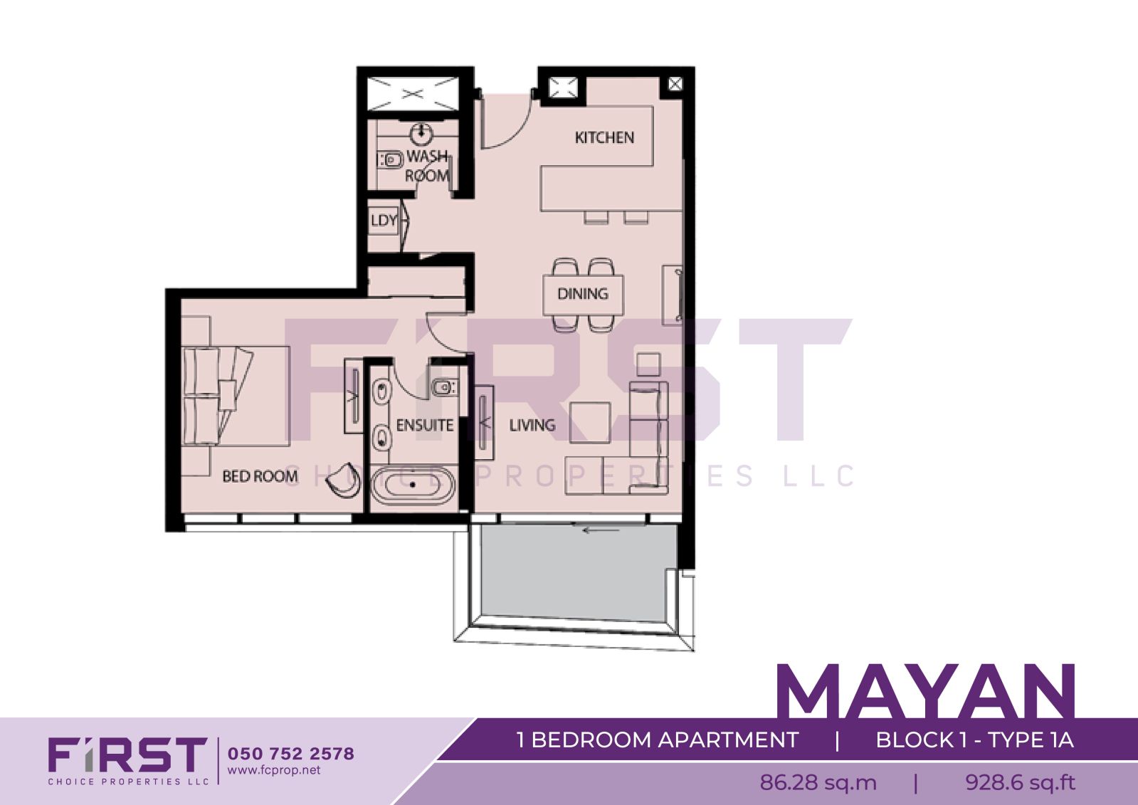 Floor Plan of 1 Bedroom Apartment  Block 1-Type 1A in Mayan Yas Island Abu Dhabi UAE 86.28 sq.m 928.6 sq.ft.jpg