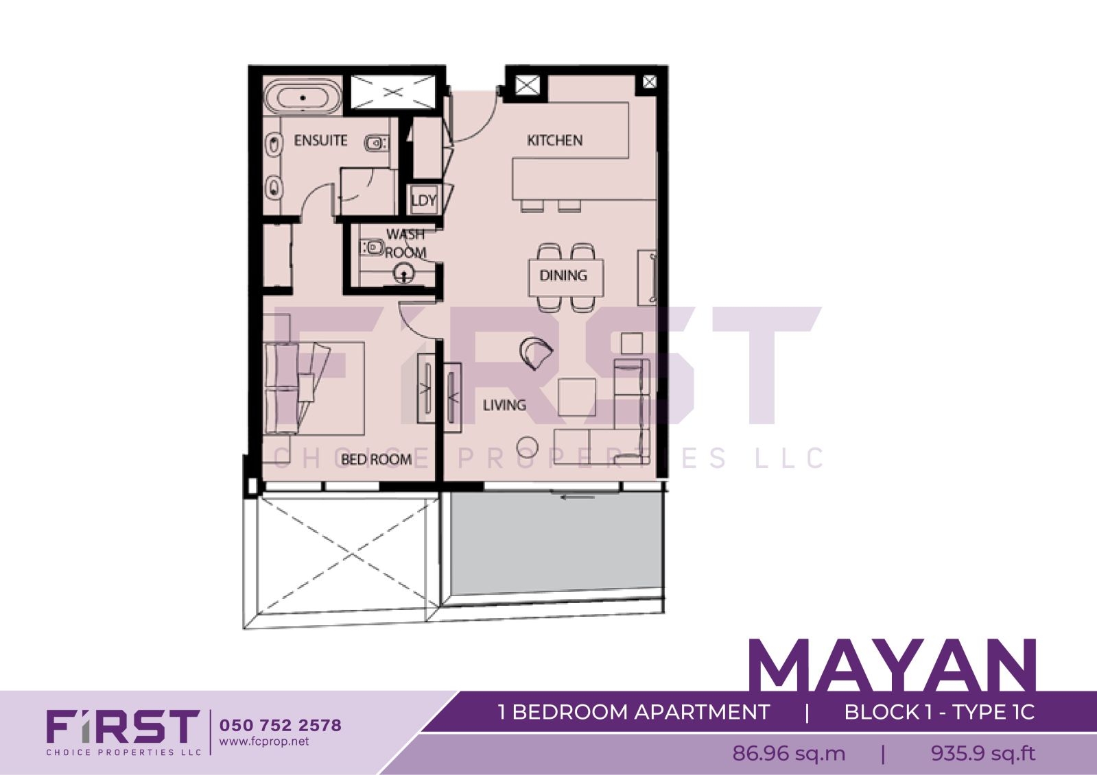 Floor Plan of 1 Bedroom Apartment  Block 1-Type 1C in Mayan Yas Island Abu Dhabi UAE 86.96 sq.m 935.9 sq.ft.jpg