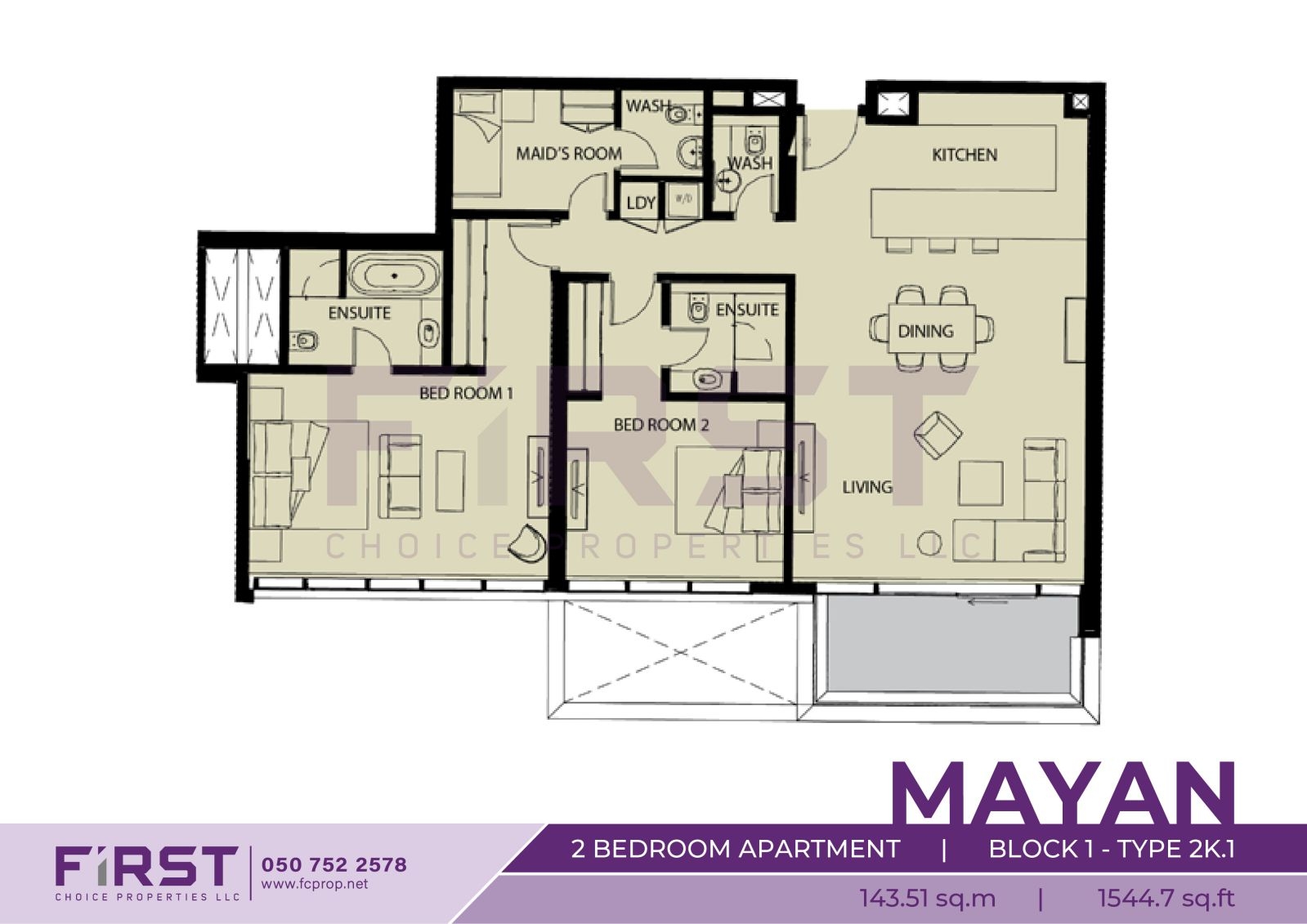 Floor Plan of 2 Bedroom Apartment  Block 1-Type 2K.1 in Mayan Yas Island Abu Dhabi UAE 143.51 sq.m 1544.7 sq.ft.jpg