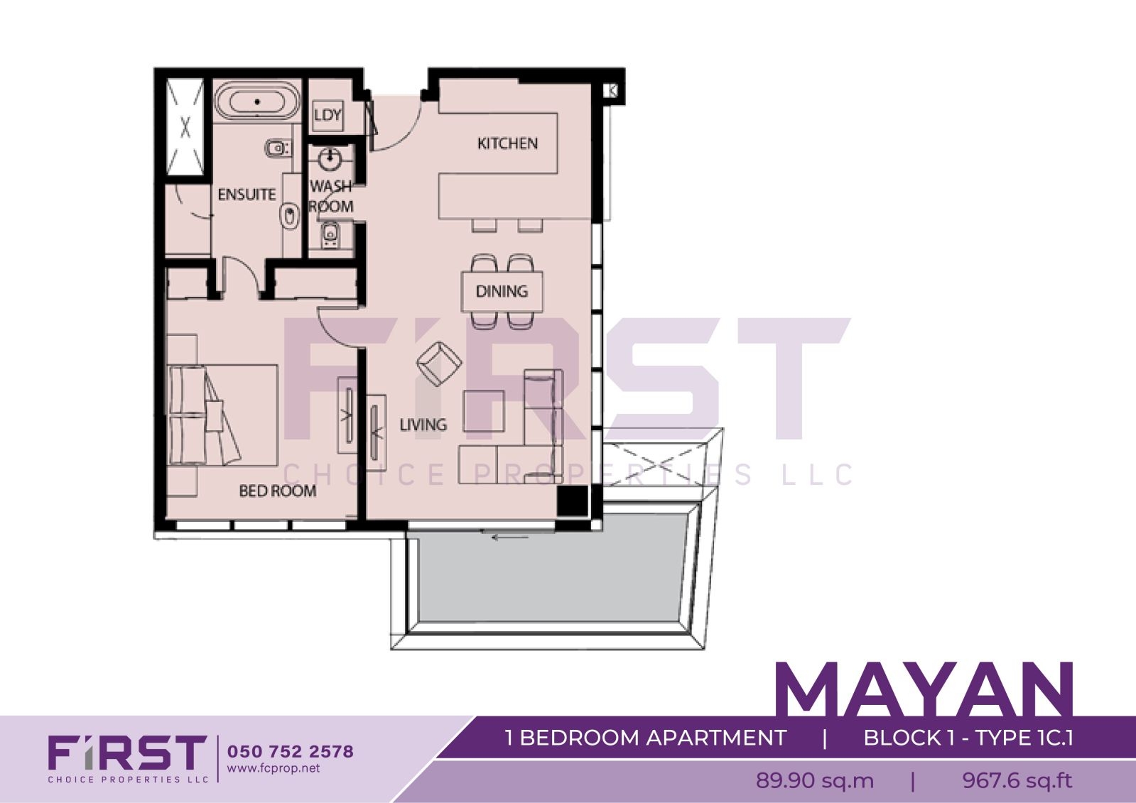 Floor Plan of 1 Bedroom Apartment  Block 1-Type 1C.1 in Mayan Yas Island Abu Dhabi UAE 89.90 sq.m 967.6 sq.ft.jpg