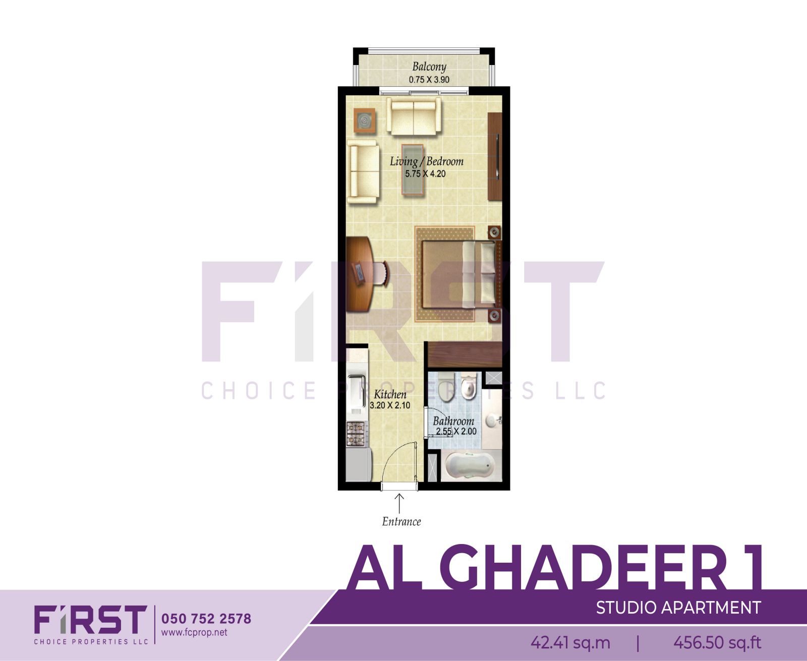 Floor Plan of Studio Apartment in Al Ghadeer Phase 1 Abu Dhabi UAE 42.41 sq.m 456.50 sq.ft.jpg
