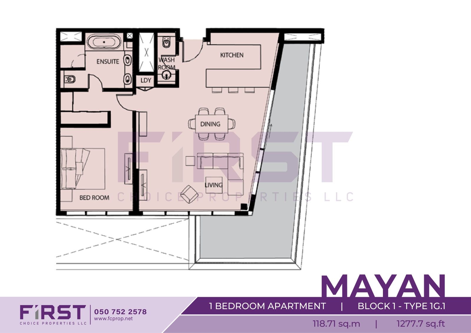 Floor Plan of 1 Bedroom Apartment  Block 1-Type 1G.1 in Mayan Yas Island Abu Dhabi UAE 118.71 sq.m 1277.7 sq.ft.jpg