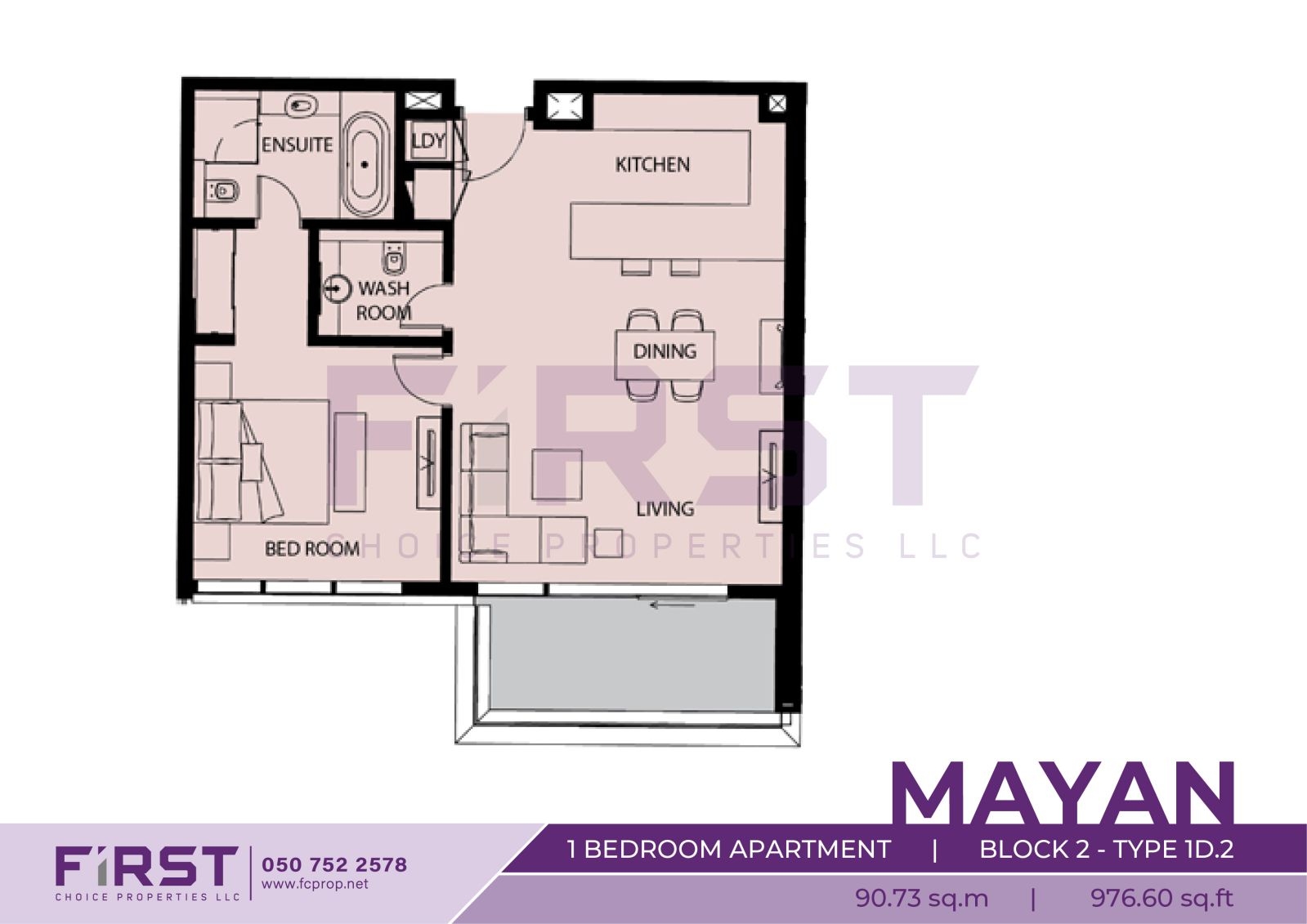 Floor Plan of 1 Bedroom Apartment  Block 2-Type 1D.2 in Mayan Yas Island Abu Dhabi UAE 90.73 sq.m 976.60 sq.ft.jpg