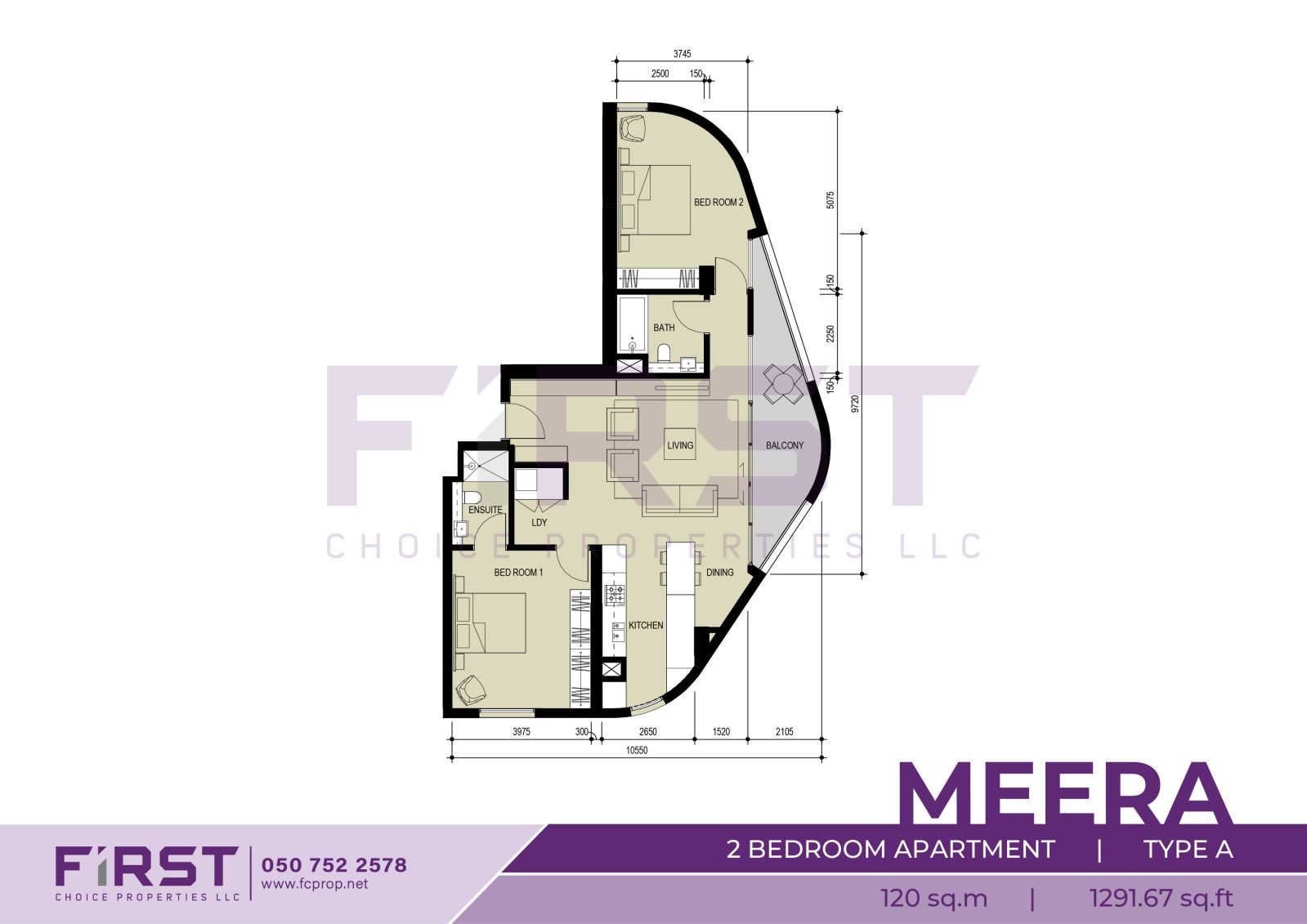 Floor Plan of 2 Bedroom Apartment Type A in Meera Shams Al Reem Island Abu Dhabi UAE 120 sq.m 1291.67 sq.ft.jpg