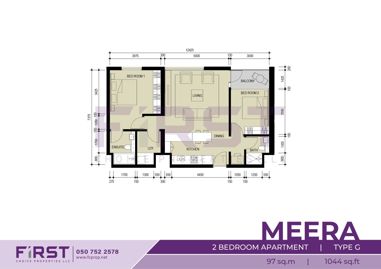 Floor Plan of 2 Bedroom Apartment Type G in Meera Shams Al Reem Island Abu Dhabi UAE 97 sq.m 1044 sq.ft.jpg