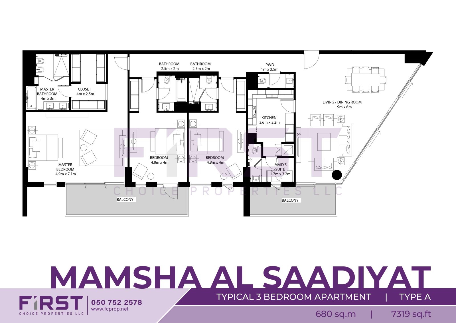 Floor Plan of Typical 3 Bedroom Apartment Type A in Mamsha Al Saadiyat Abu Dhabi UAE 680 sq.m 7319 sq.ft.jpg