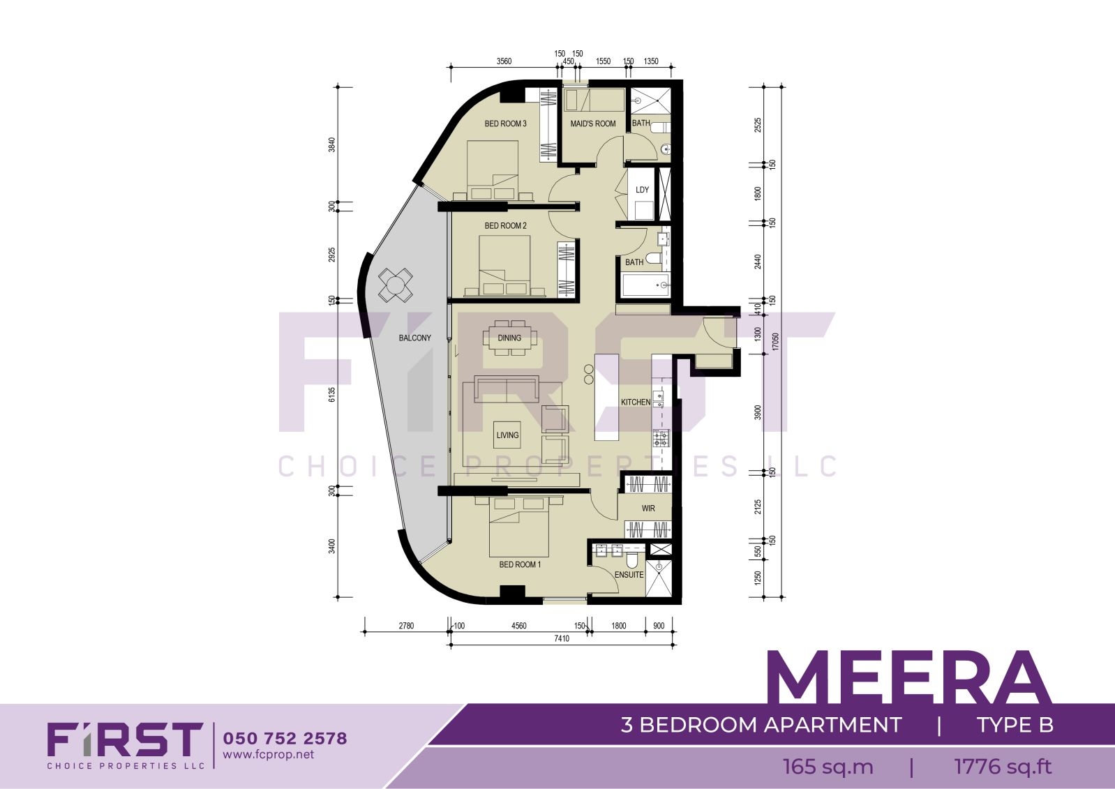 Floor Plan of 3 Bedroom Apartment Type B in Meera Shams Al Reem Island Abu Dhabi UAE 165 sq.m 1776 sq.ft.jpg