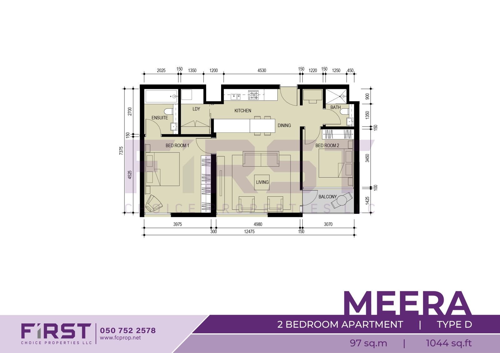 Floor Plan of 2 Bedroom Apartment Type D in Meera Shams Al Reem Island Abu Dhabi UAE 97 sq.m 1044 sq.ft.jpg