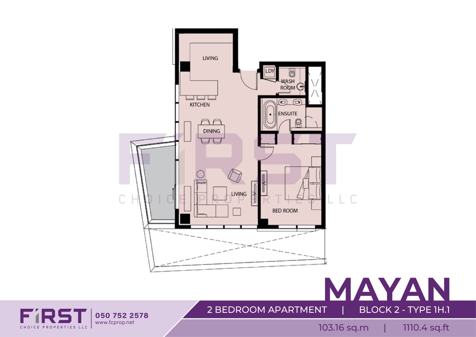 Floor Plan of 2 Bedroom Apartment  Block 2-Type 1H.1 in Mayan Yas Island Abu Dhabi UAE 103.16 sq.m 1110.4 sq.ft.jpg