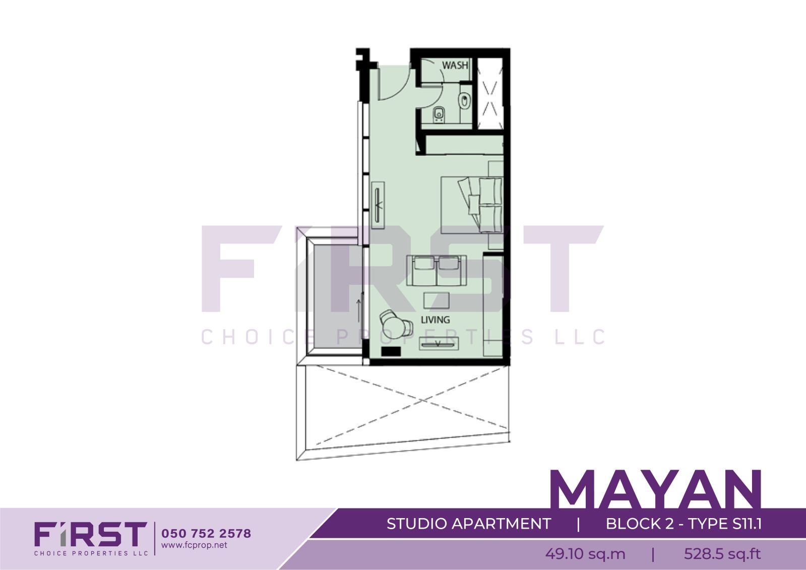 Floor Plan of Studio Apartment Block 2-Type S11.1 in Mayan Yas Island Abu Dhabi UAE 49.10 sq.m 528.5 sq.ft.jpg