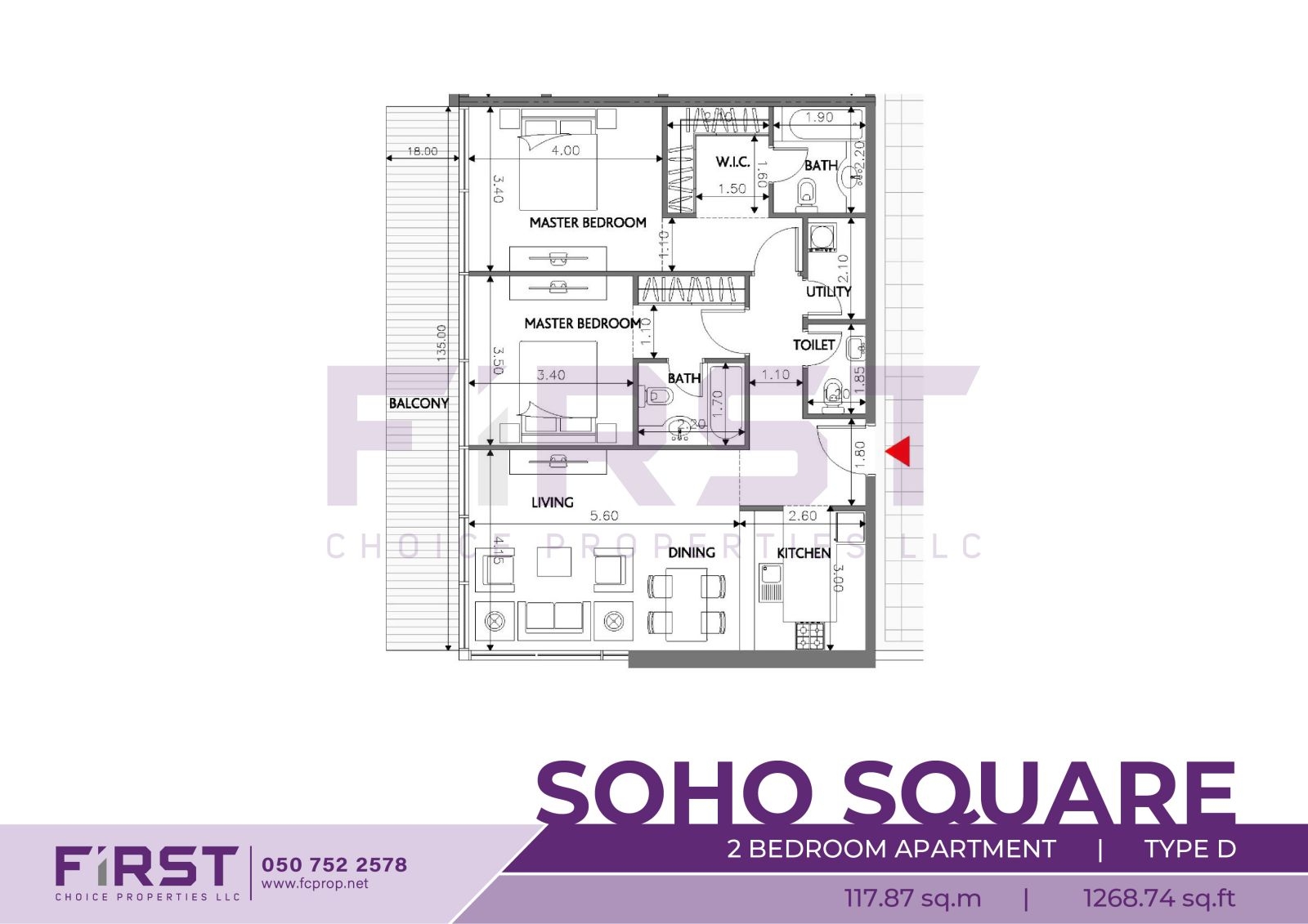 Floor Plan of 2 Bedroom Apartment Type D in Soho Square Saadiyat Island Abu Dhabi UAE 117.87 sq.m 1268.74 sq.ft.jpg