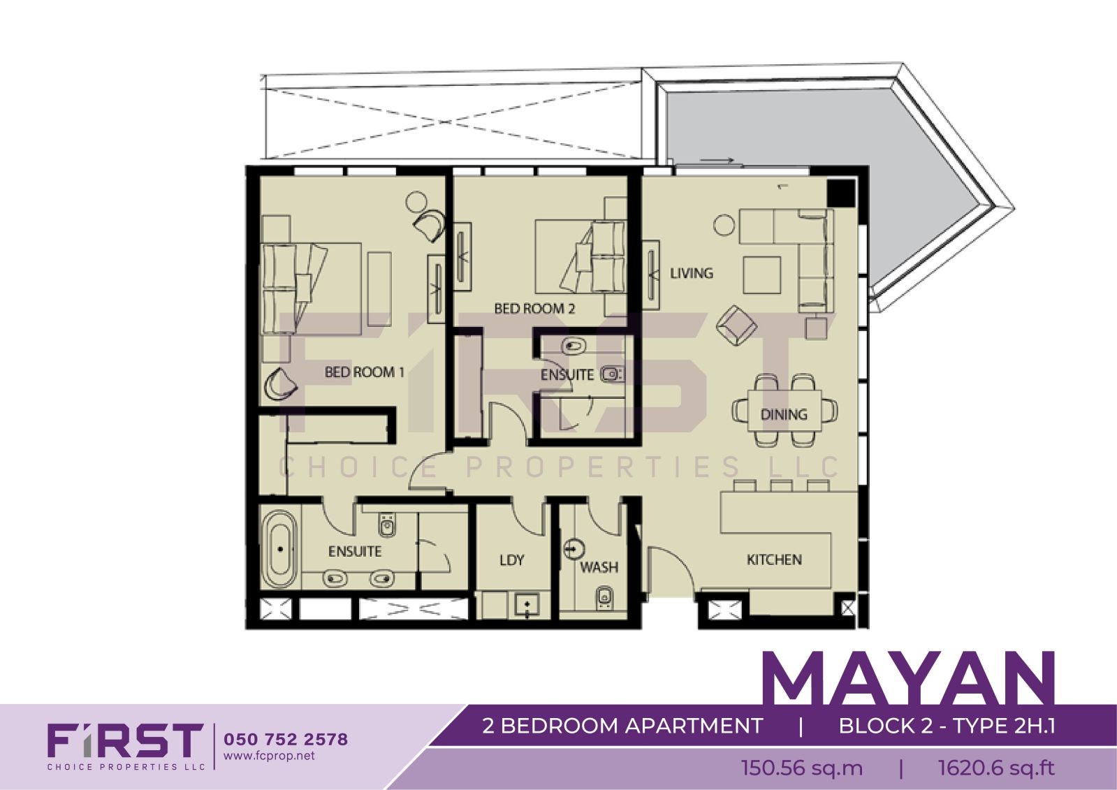 Floor Plan of 2 Bedroom Apartment  Block 2-Type 2H.1 in Mayan Yas Island Abu Dhabi UAE 150.56 sq.m 1620.6 sq.ft.jpg