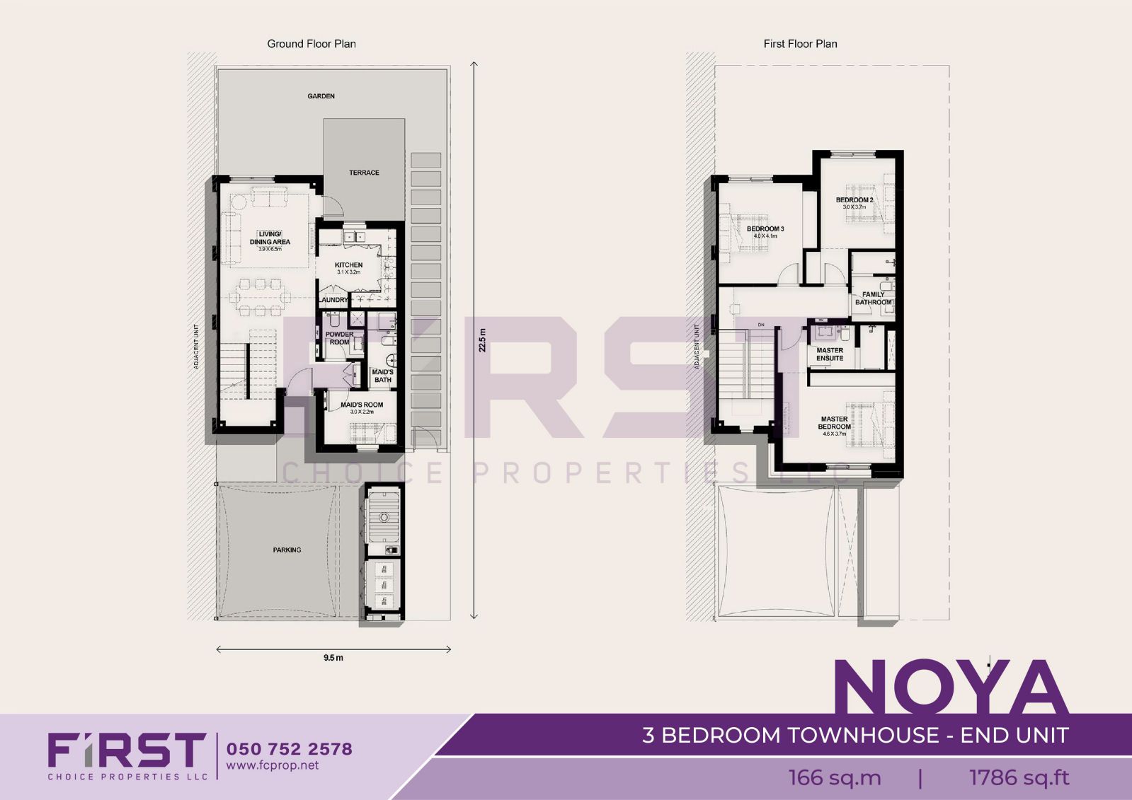 Floor Plan of 3 Bedroom Townhouse End Unit in Noya Yas Island Abu Dhabi UAE 166 sq.m 1786 sq.ft.jpg
