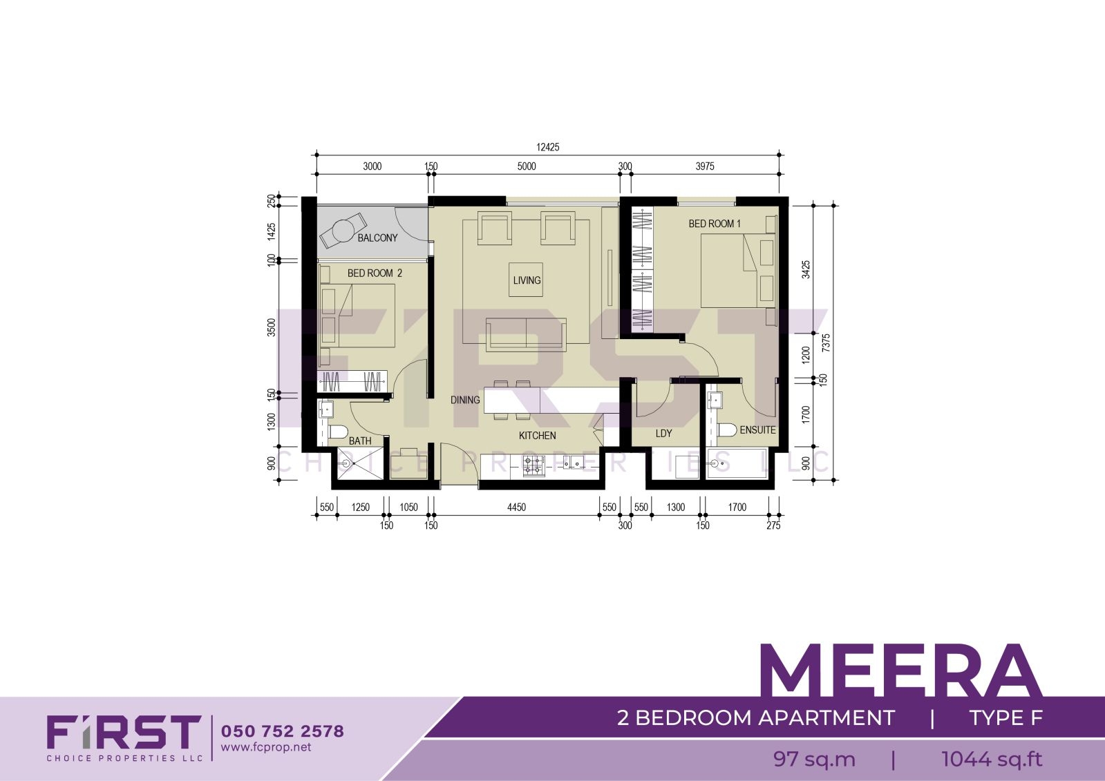 Floor Plan of 2 Bedroom Apartment Type F in Meera Shams Al Reem Island Abu Dhabi UAE 97 sq.m 1044 sq.ft.jpg