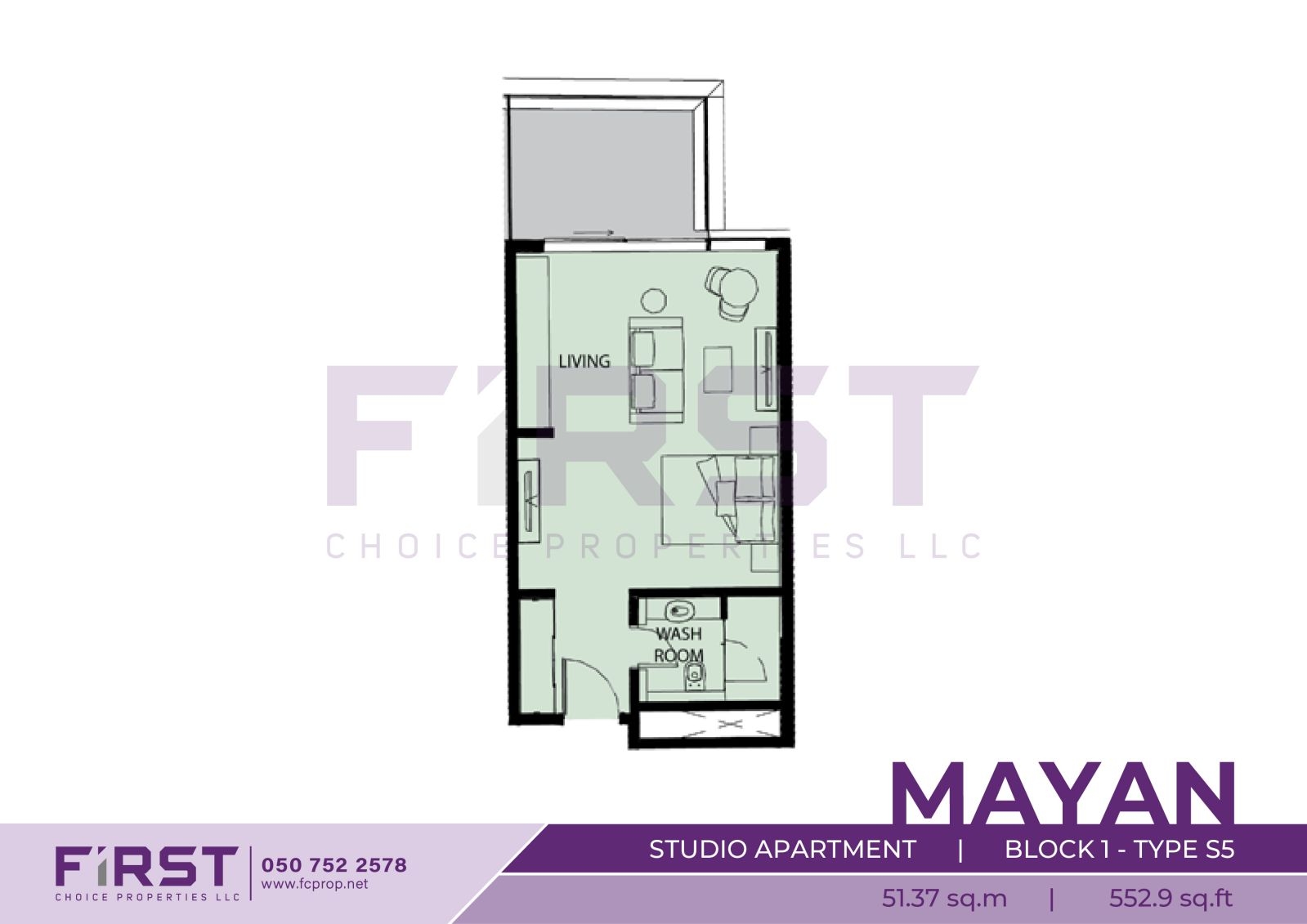Floor Plan of Studio Apartment Block 1-Type S5 in Mayan Yas Island Abu Dhabi UAE 51.37 sq.m 552.9 sq.ft.jpg