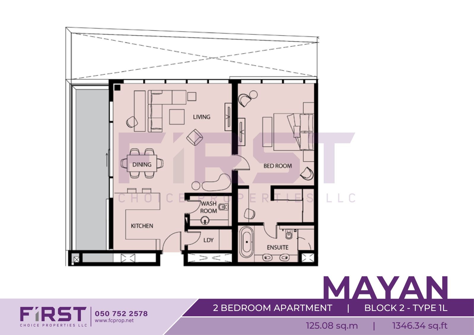 Floor Plan of 2 Bedroom Apartment  Block 2-Type 1L in Mayan Yas Island Abu Dhabi UAE 125.08 sq.m 1346.34 sq.ft.jpg