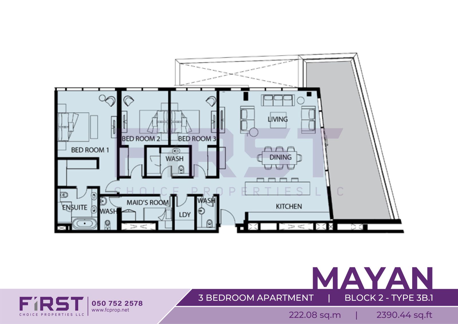Floor Plan of 3 Bedroom Apartment  Block 2-Type 3B.1 in Mayan Yas Island Abu Dhabi UAE 222.08 sq.m 2390.44 sq.ft.jpg