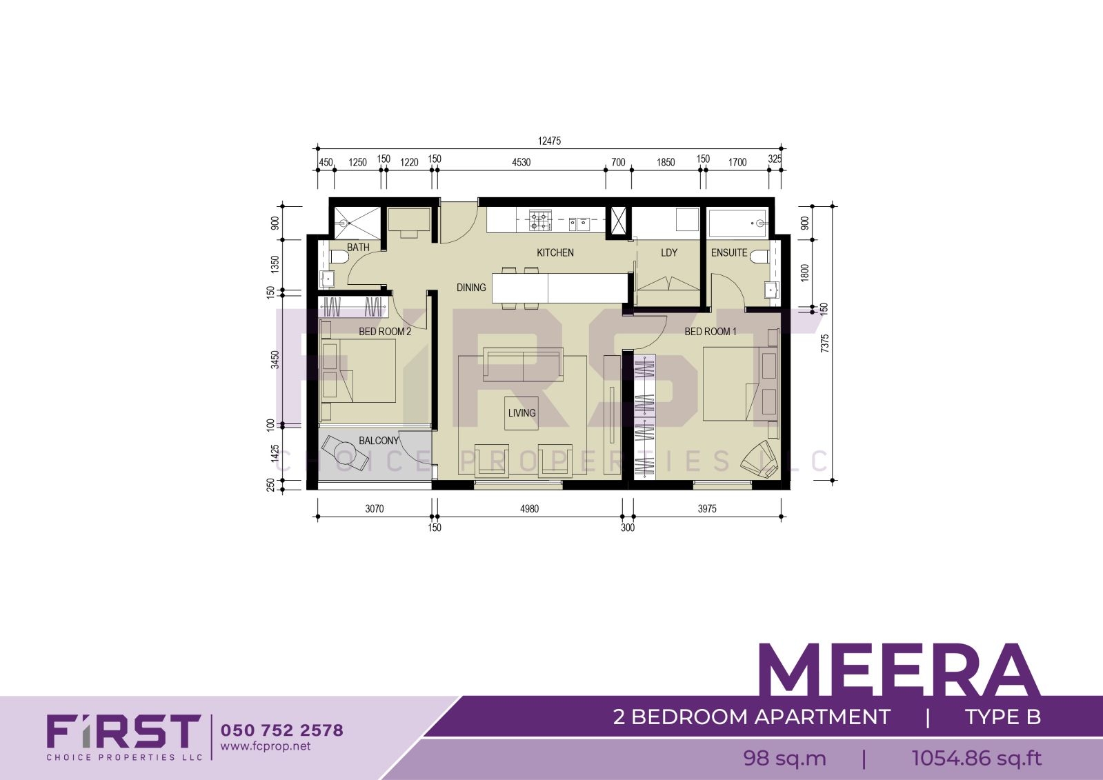 Floor Plan of 2 Bedroom Apartment Type B in Meera Shams Al Reem Island Abu Dhabi UAE 98 sq.m 1054.86 sq.ft.jpg
