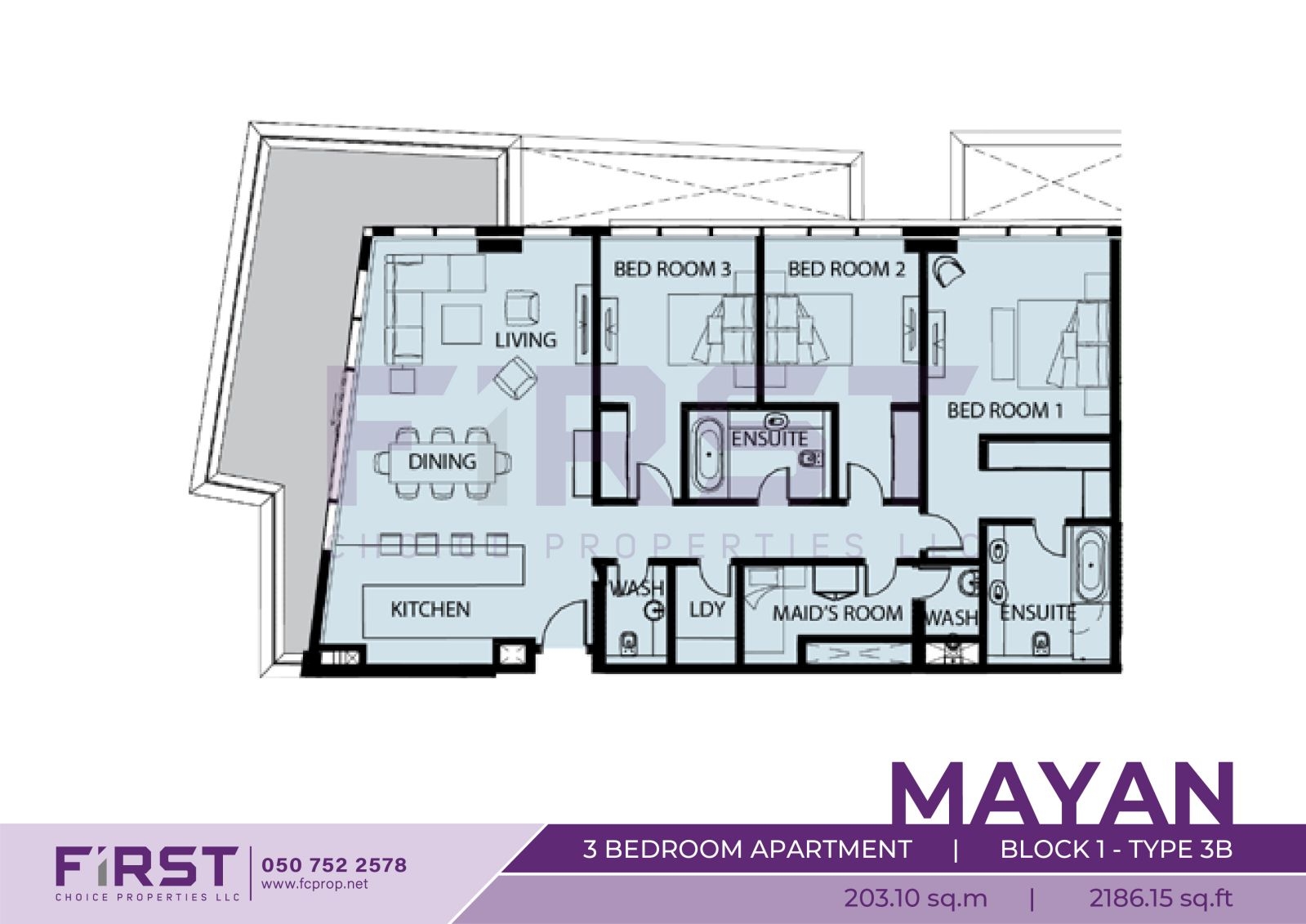 Floor Plan of 3 Bedroom Apartment Block 1-Type 3B in Mayan Yas Island Abu Dhabi UAE 203.10 sq.m 2186.15 sq.ft.jpg