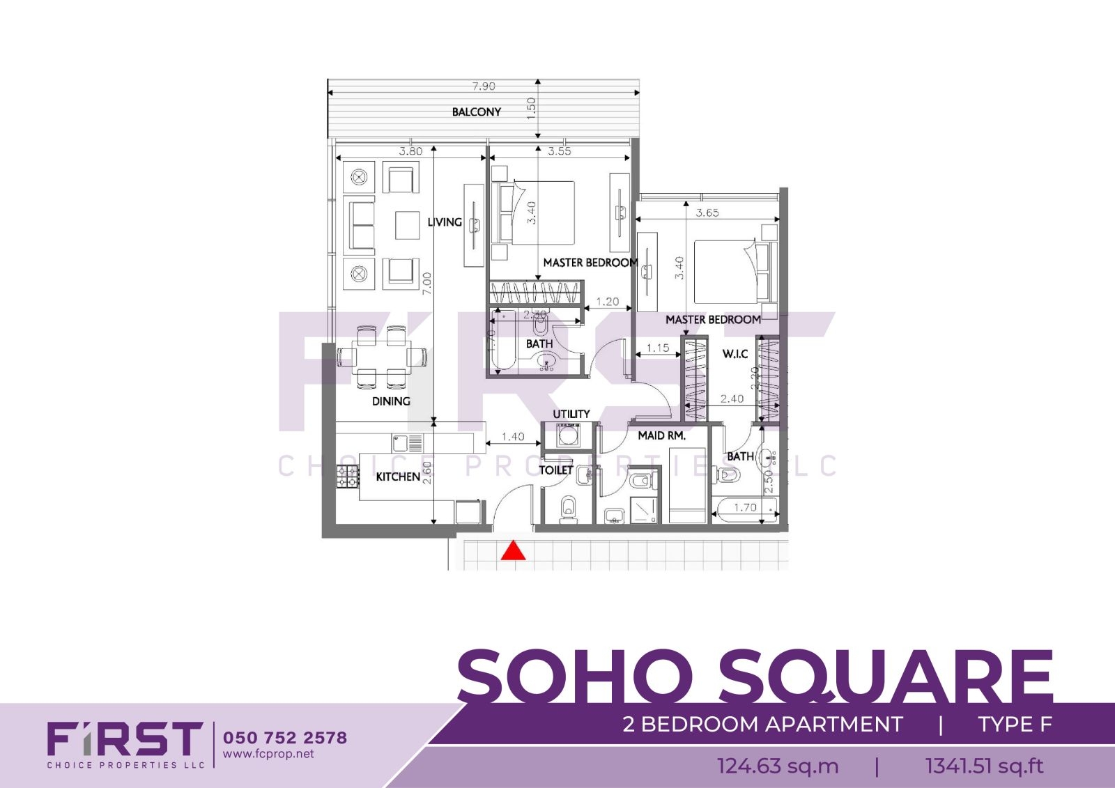 Floor Plan of 2 Bedroom Apartment Type F in Soho Square Saadiyat Island Abu Dhabi UAE 124.63 sq.m 1341.51 sq.ft.jpg