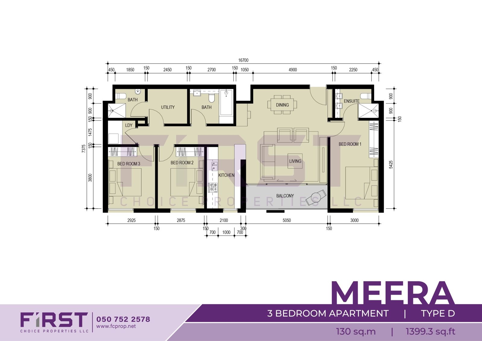 Floor Plan of 3 Bedroom Apartment Type D in Meera Shams Al Reem Island Abu Dhabi UAE 130 sq.m 1399.3 sq.ft.jpg