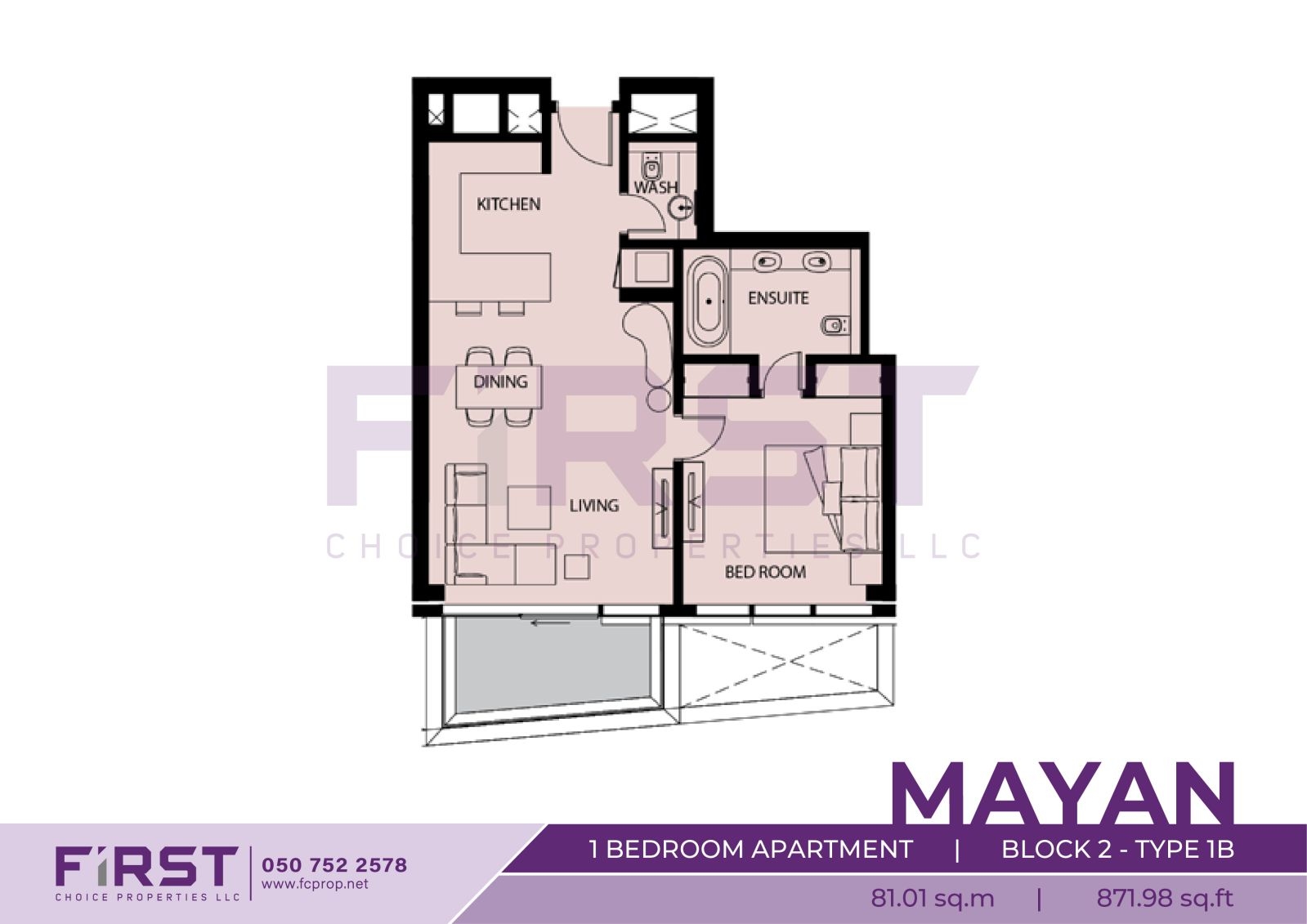 Floor Plan of 1 Bedroom Apartment  Block 2-Type 1B in Mayan Yas Island Abu Dhabi UAE 81.01 sq.m 871.98 sq.ft.jpg