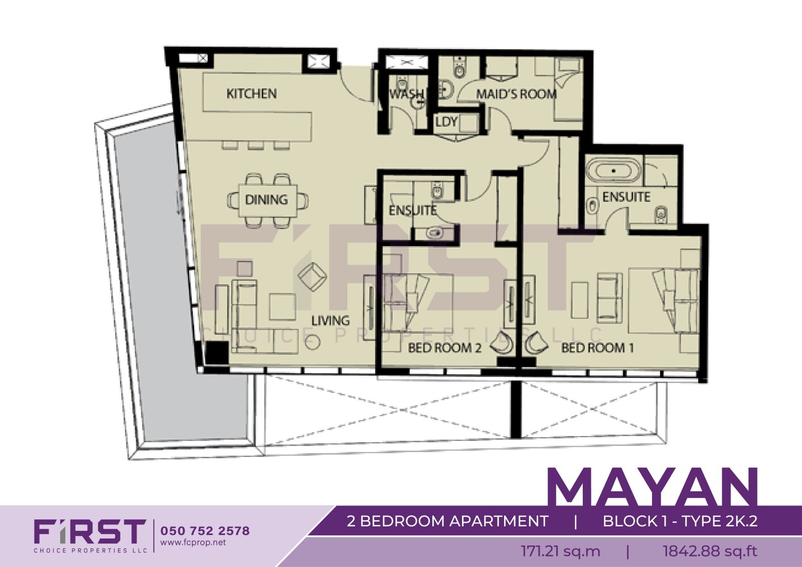 Floor Plan of 2 Bedroom Apartment  Block 1-Type 2K.2 in Mayan Yas Island Abu Dhabi UAE 171.21 sq.m 1842.88 sq.ft.jpg