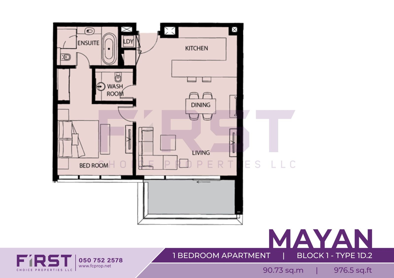 Floor Plan of 1 Bedroom Apartment  Block 1-Type 1D.2 in Mayan Yas Island Abu Dhabi UAE 90.73 sq.m 976.5 sq.ft.jpg