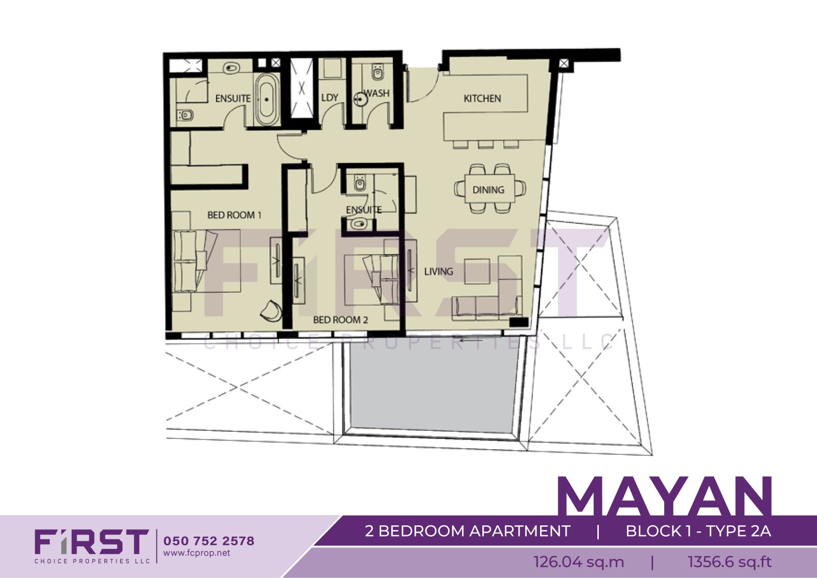 Floor Plan of 2 Bedroom Apartment  Block 1-Type 2A in Mayan Yas Island Abu Dhabi UAE 126.04 sq.m 1356.6 sq.ft.jpg