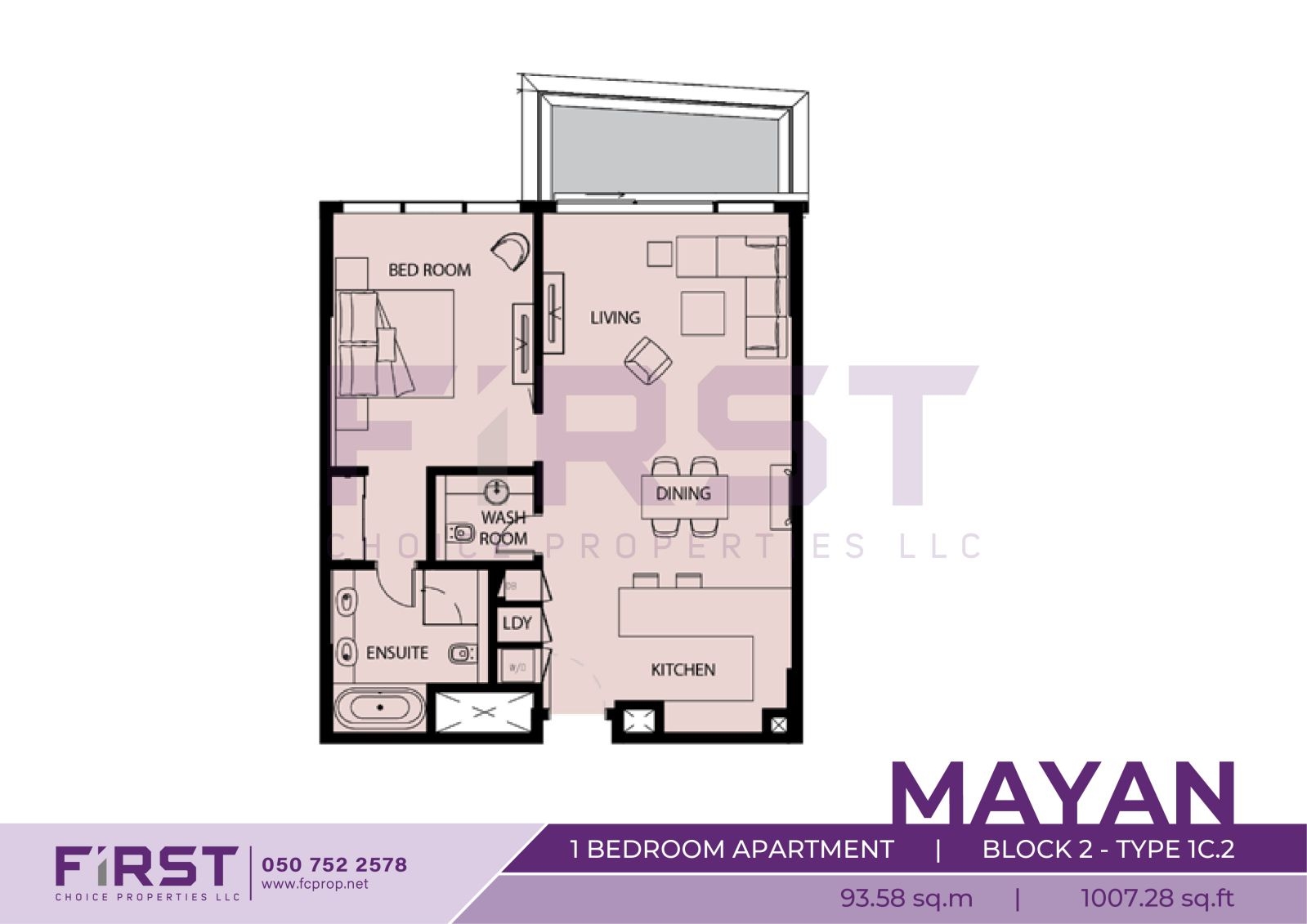 Floor Plan of 1 Bedroom Apartment  Block 2-Type 1C.2 in Mayan Yas Island Abu Dhabi UAE 93.58 sq.m 1007.28 sq.ft.jpg