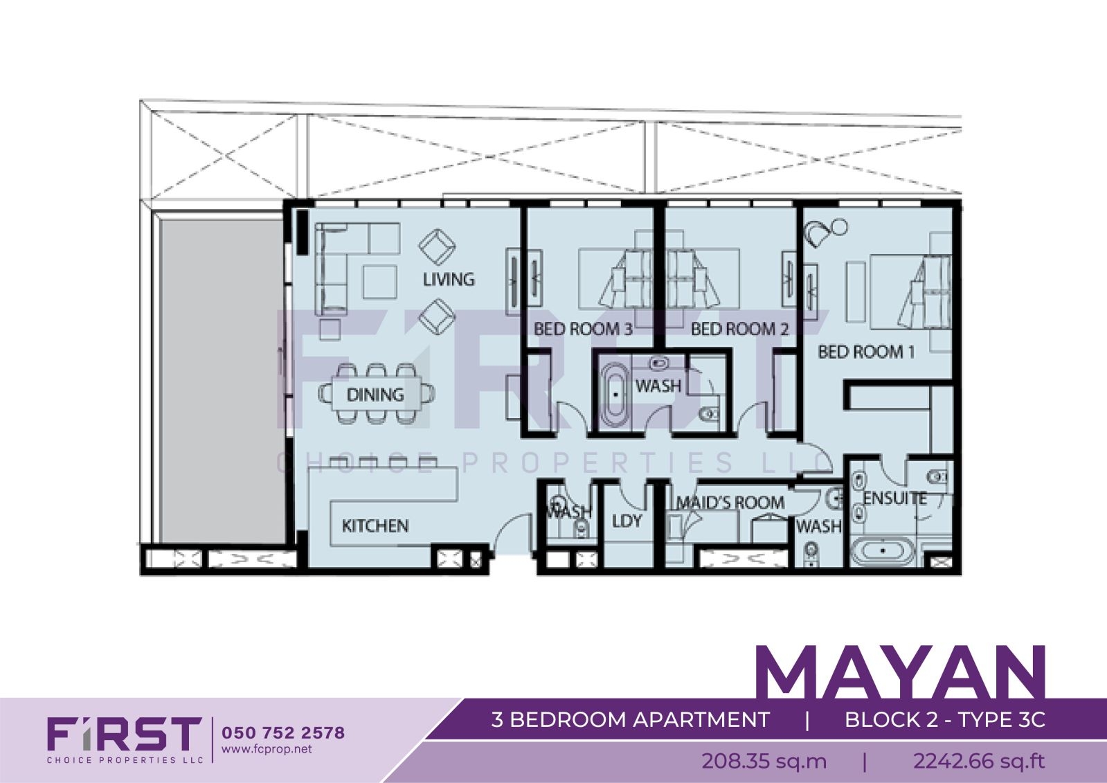 Floor Plan of 3 Bedroom Apartment  Block 2-Type 3C in Mayan Yas Island Abu Dhabi UAE 208.35 sq.m 2242.66 sq.ft.jpg