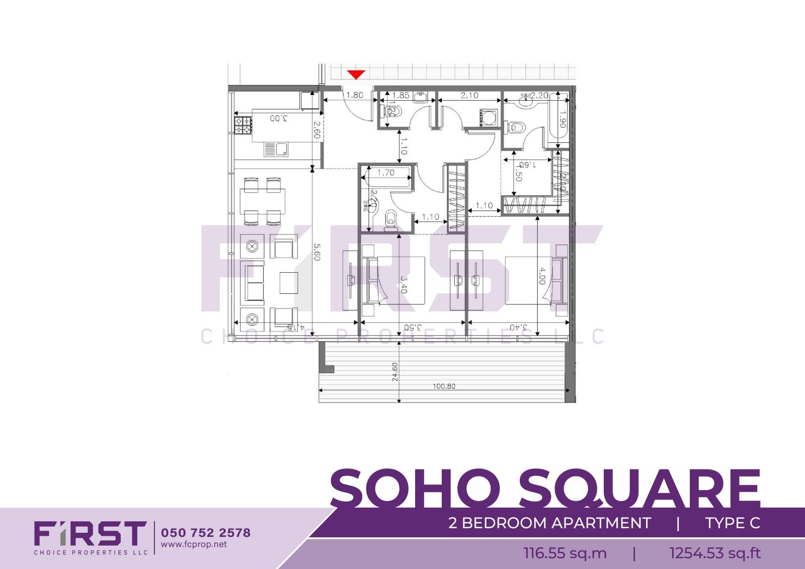 Floor Plan of 2 Bedroom Apartment Type C in Soho Square Saadiyat Island Abu Dhabi UAE 116.55 sq.m 1254.53 sq.ft.jpg