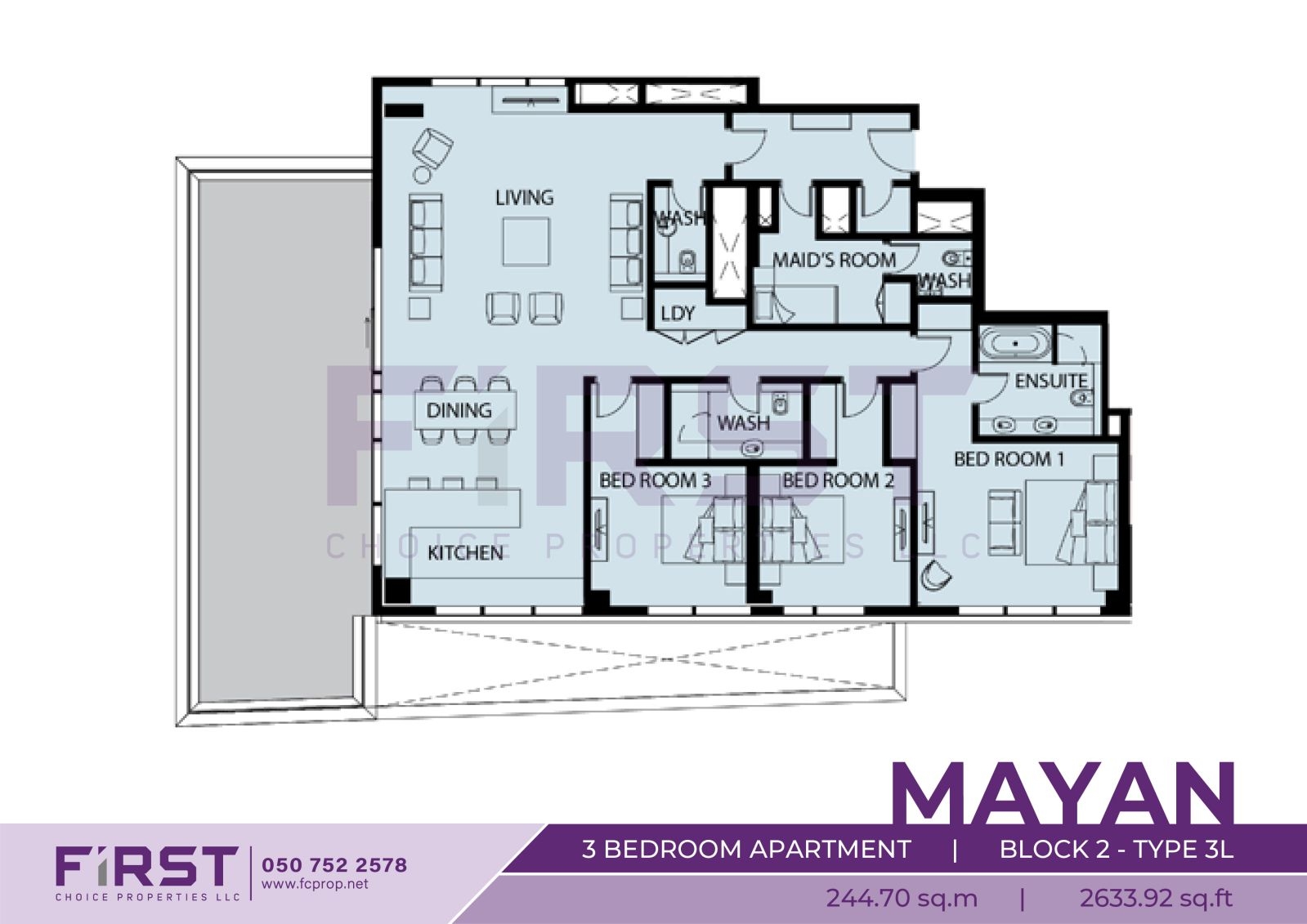 Floor Plan of 3 Bedroom Apartment  Block 2-Type 3L in Mayan Yas Island Abu Dhabi UAE 244.70 sq.m 2633.92 sq.ft.jpg