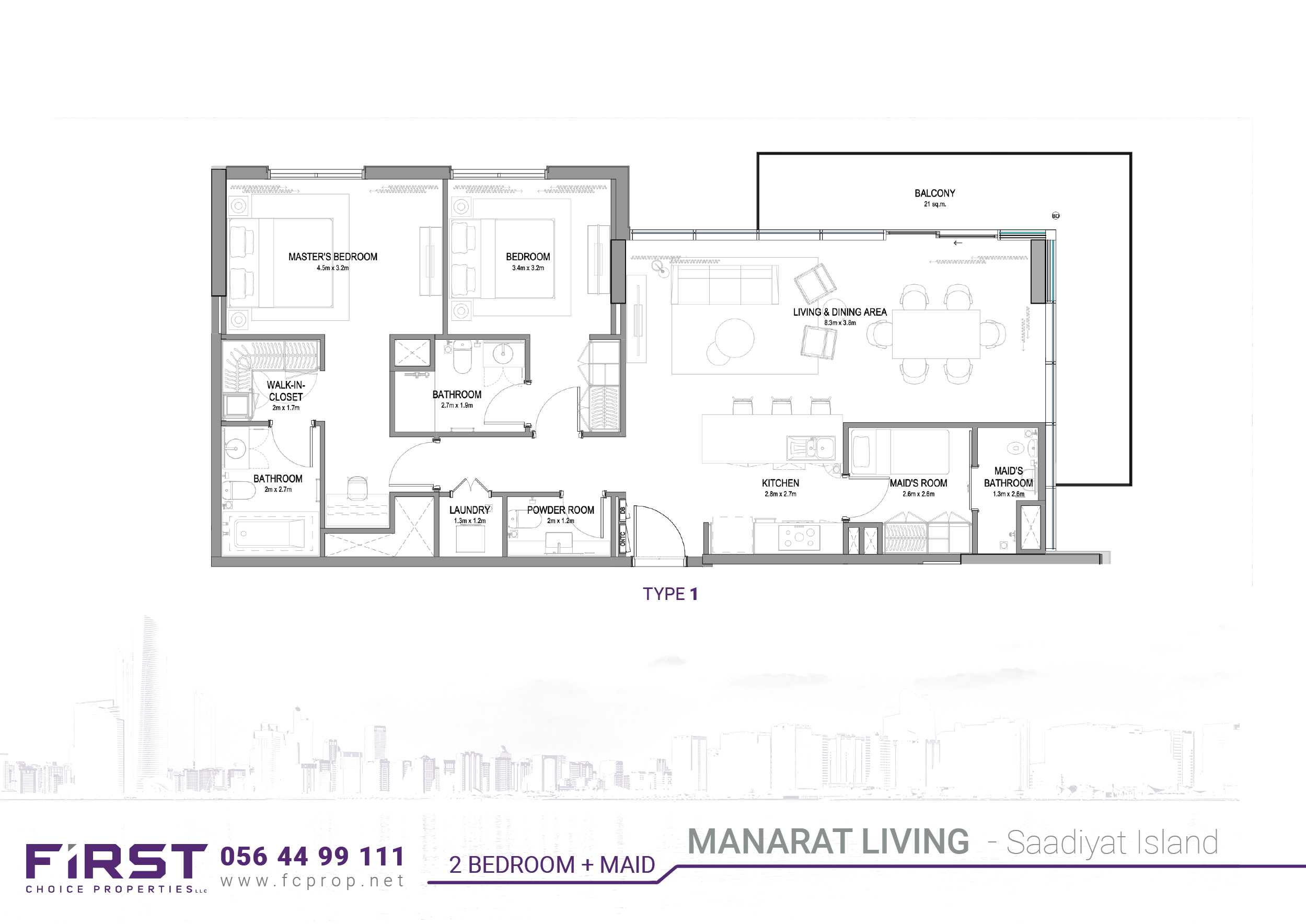MANARAT LIVING -  Floor Plan - 2 BR + Maid - Type 1.jpg