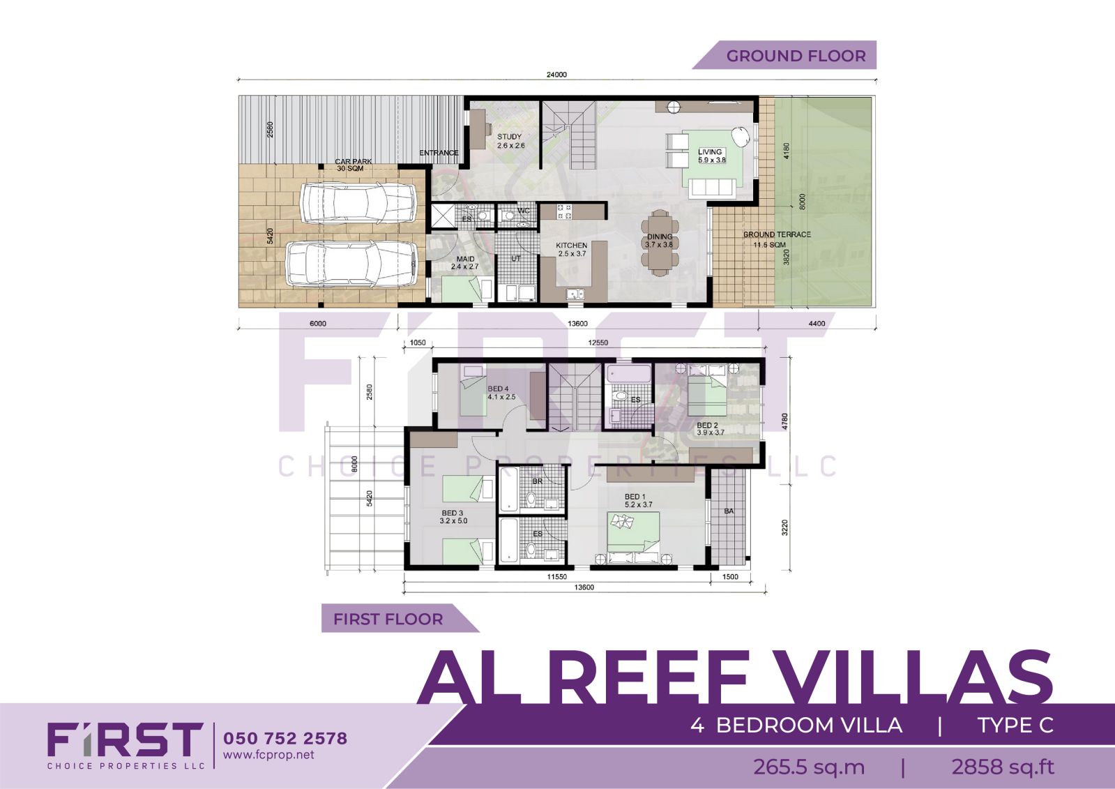 Floor Plan of 4 Bedroom Villa Type C in Al Reef Villas Al Reef Abu Dhabi UAE 265.5 sq.m 2858 sq.ft.jpg