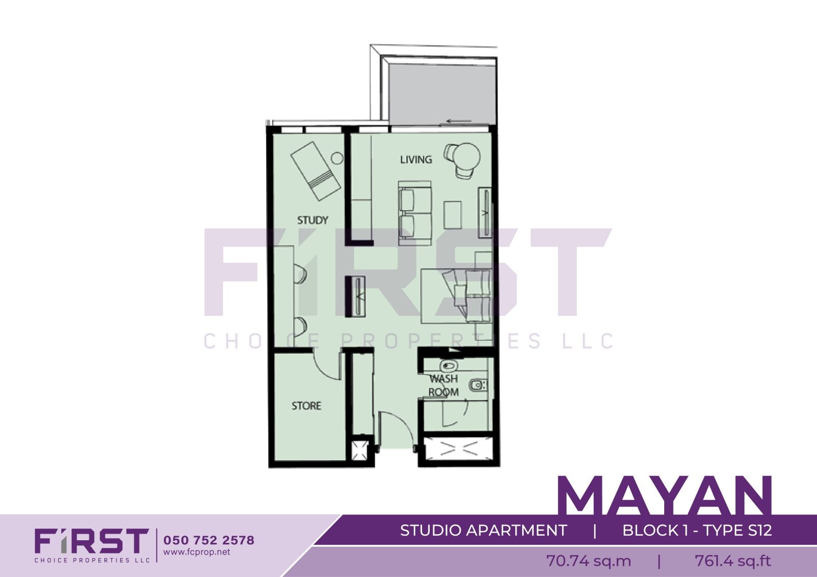 Floor Plan of Studio Apartment Block 1-Type S12 in Mayan Yas Island Abu Dhabi UAE 70.74 sq.m 761.4 sq.ft.jpg