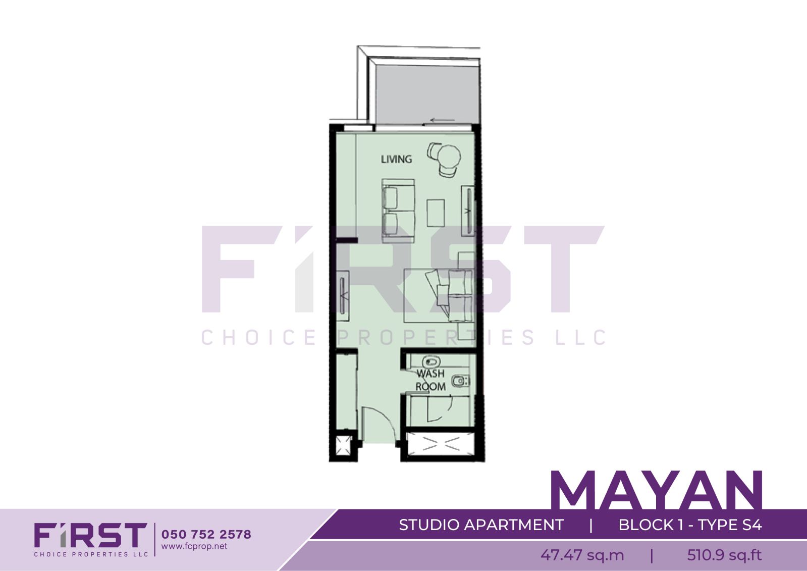 Floor Plan of Studio Apartment Block 1-Type S4 in Mayan Yas Island Abu Dhabi UAE 47.47 sq.m 510.9 sq.ft.jpg
