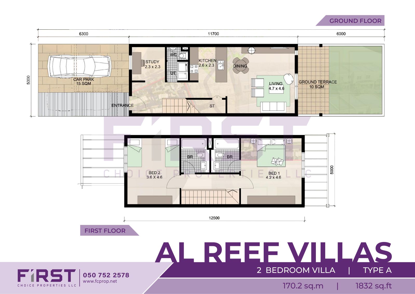 Floor Plan of 2 Bedroom Villa Type A in Al Reef Villas Al Reef Abu Dhabi UAE 170.2 sq.m 1832 sq.ft.jpg