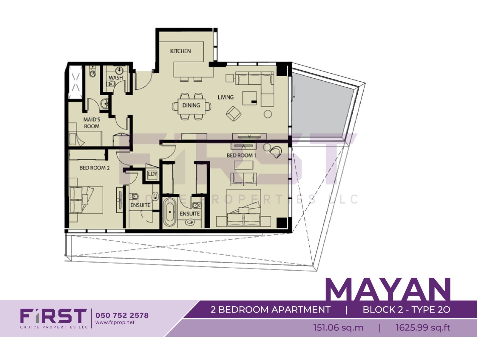 Floor Plan of 2 Bedroom Apartment  Block 2-Type 2O in Mayan Yas Island Abu Dhabi UAE 151.06 sq.m 1625.99 sq.ft.jpg