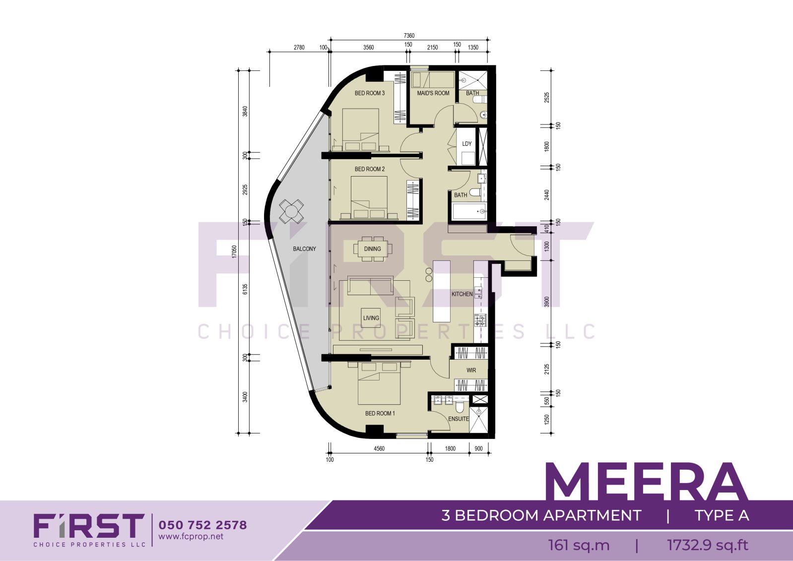 Floor Plan of 3 Bedroom Apartment Type A in Meera Shams Al Reem Island Abu Dhabi UAE 161 sq.m 1732.9 sq.ft.jpg