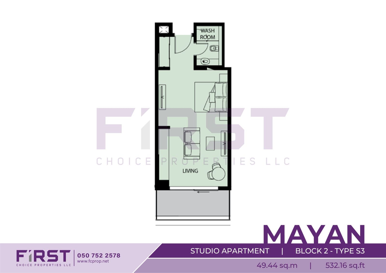 Floor Plan of Studio Apartment Block 2-Type S3 in Mayan Yas Island Abu Dhabi UAE 49.44 sq.m 532.16 sq.ft.jpg